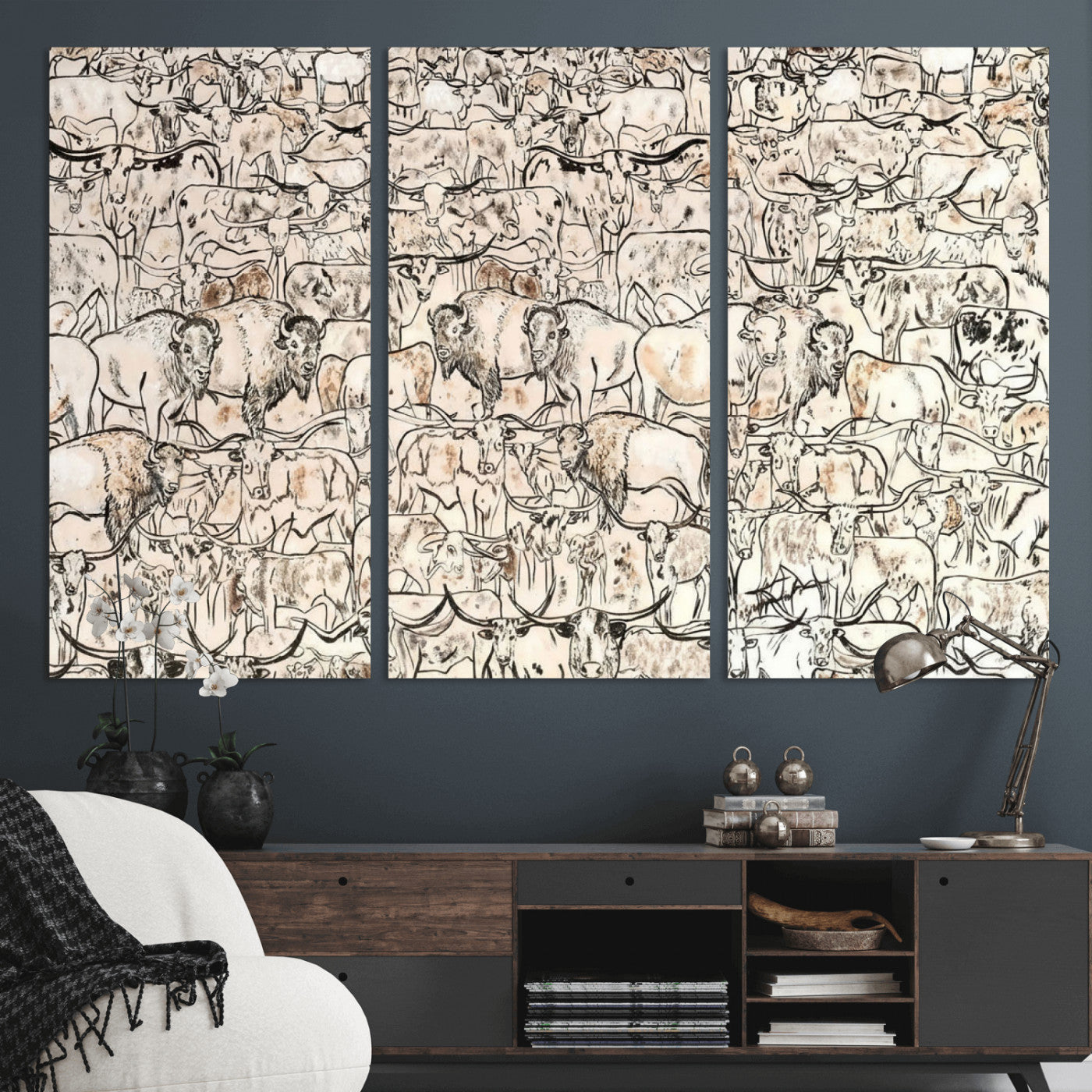 36925875-MGV-CV-36X24 - Farmhouse Animals Wall Art Canvas Print - Abstract Farm Animal Drawing Mid-Century Wall Art for Cabin Decor