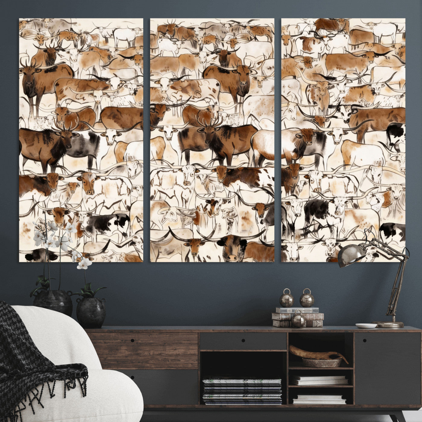 81416572-MGV-CV-36X24 - Farmhouse Animals Wall Art Canvas Print - Abstract Farm Animal Drawing Mid-Century Wall Art for Cabin Decor
