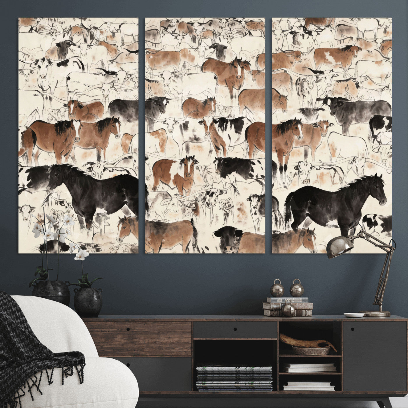 74171578-MGV-CV-36X24 - Farmhouse Animals Wall Art Canvas Print - Abstract Farm Animal Drawing Mid-Century Wall Art for Cabin Decor
