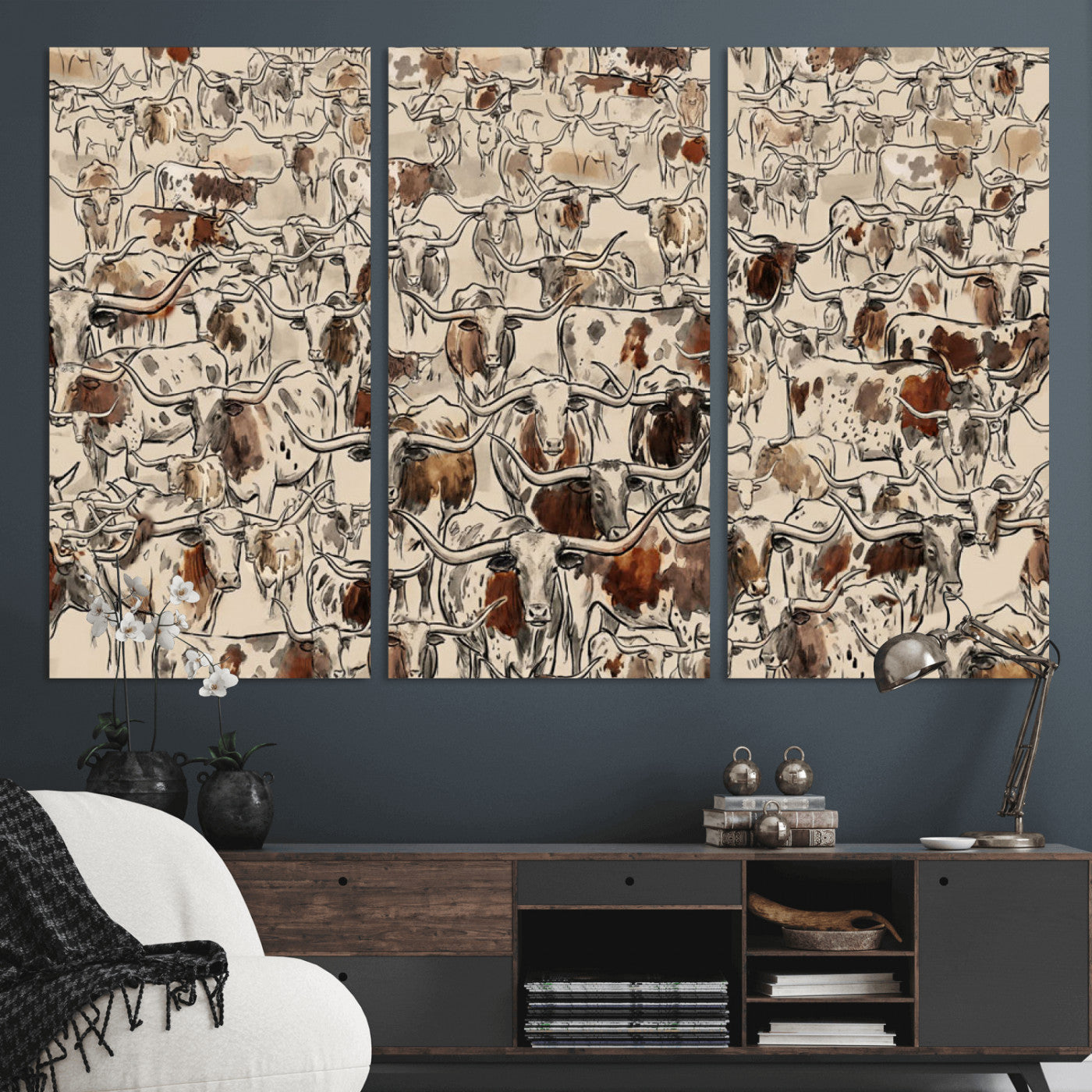 94808502-MGV-CV-36X24 - Farmhouse Animals Wall Art Canvas Print - Abstract Farm Animal Drawing Mid-Century Wall Art for Cabin Decor