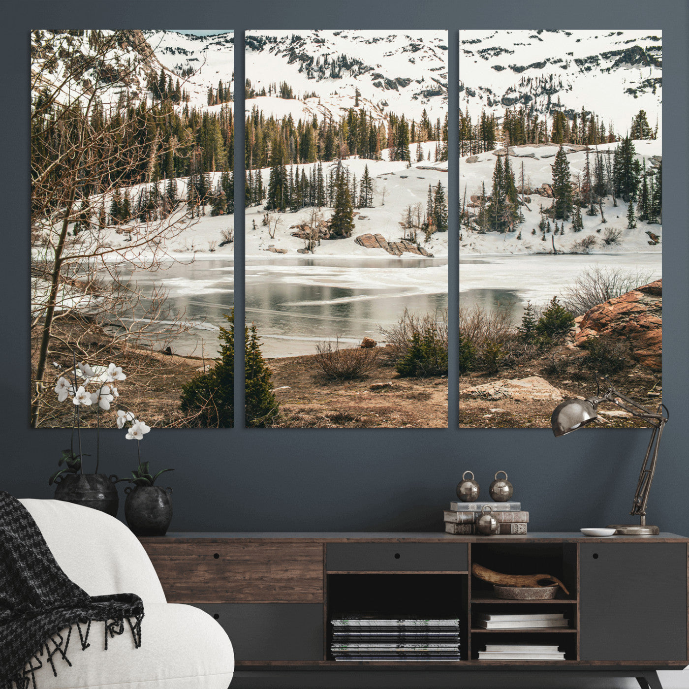 10336249-MGV-CV-36X24 - Snowy Mountain Landscape Wall Art Canvas Print, Alpine Pine Forest Winter Nature Wall Decor for Living Room and Office