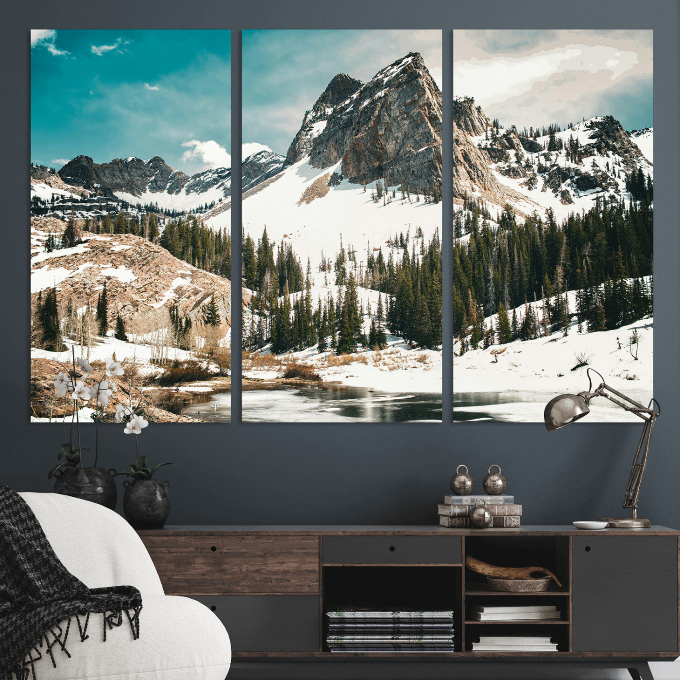 56837070-MGV-CV-36X24 - Snowy Mountain Landscape Wall Art Canvas Print, Alpine Pine Forest Winter Nature Wall Decor for Living Room and Office