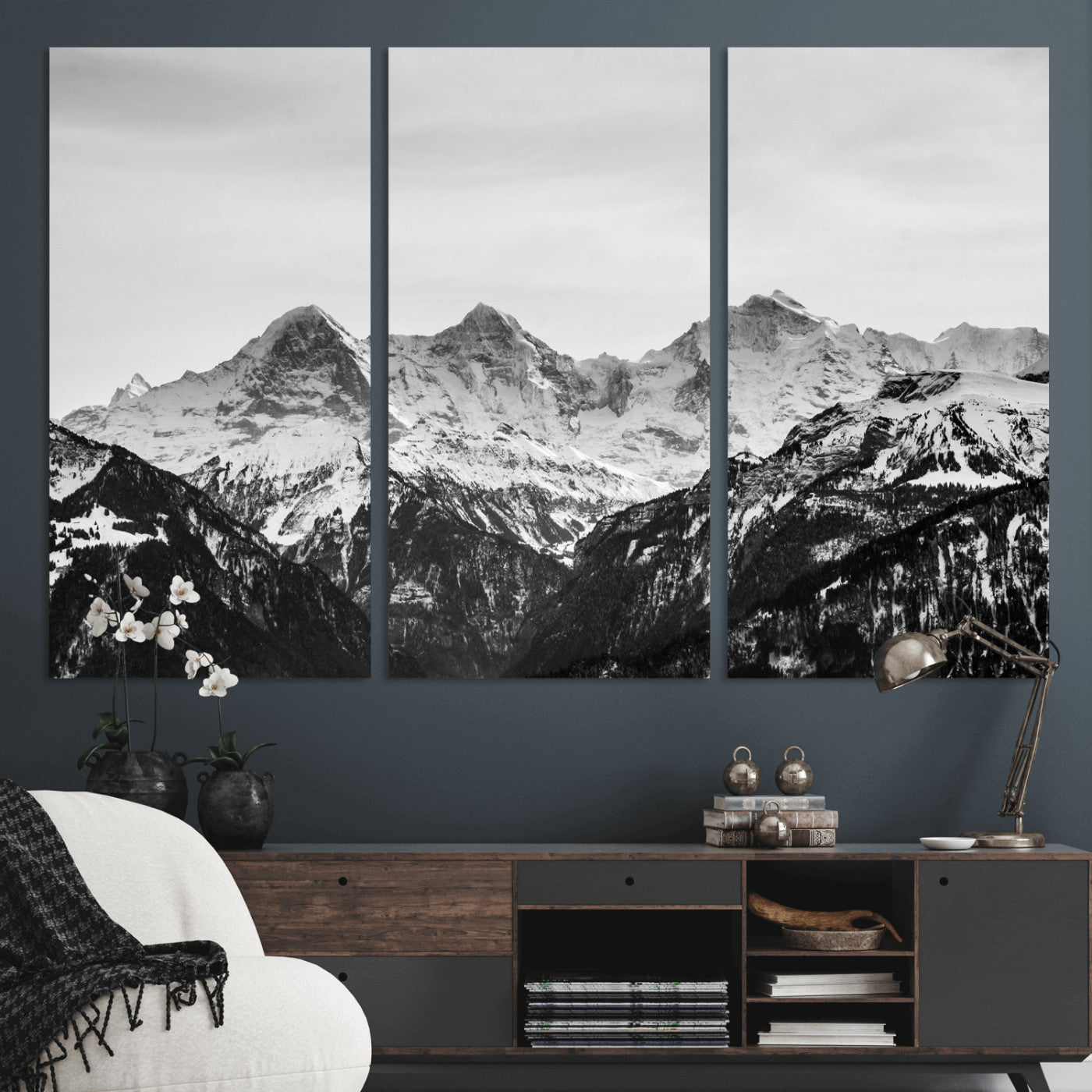 85684934-MGV-CV-36X24 - Black and White Mountain Wall Art Canvas Print, Snowy Alpine Peaks Landscape Photography, Minimal Monochrome Mountain Art, Scenic Nature Wall Decor