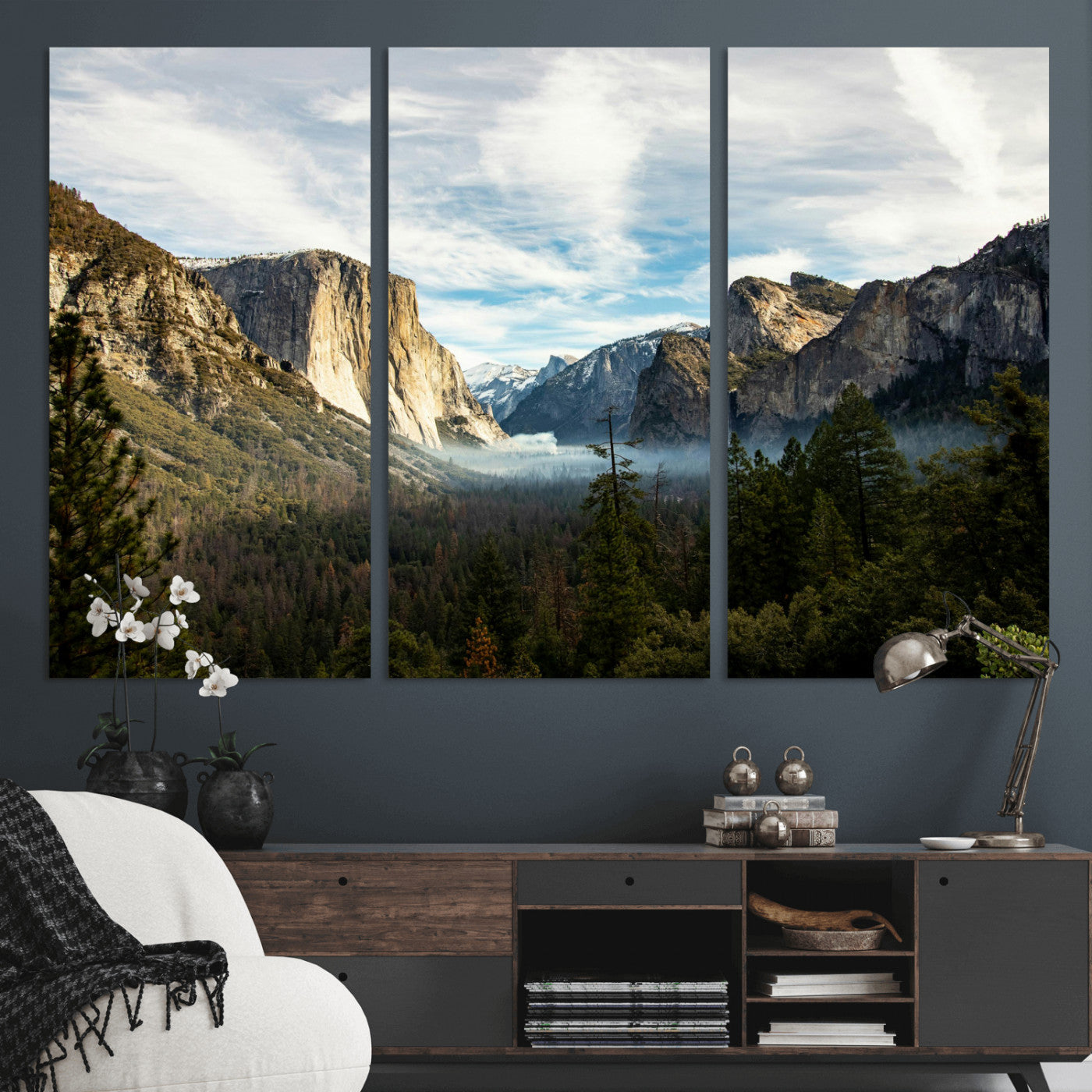 15089394-MGV-CV-36X24 - Yosemite Valley Mountain Landscape Wall Art Canvas Print, Granite Cliff Forest Valley Canvas Print, California National Park Scenic Art Printing