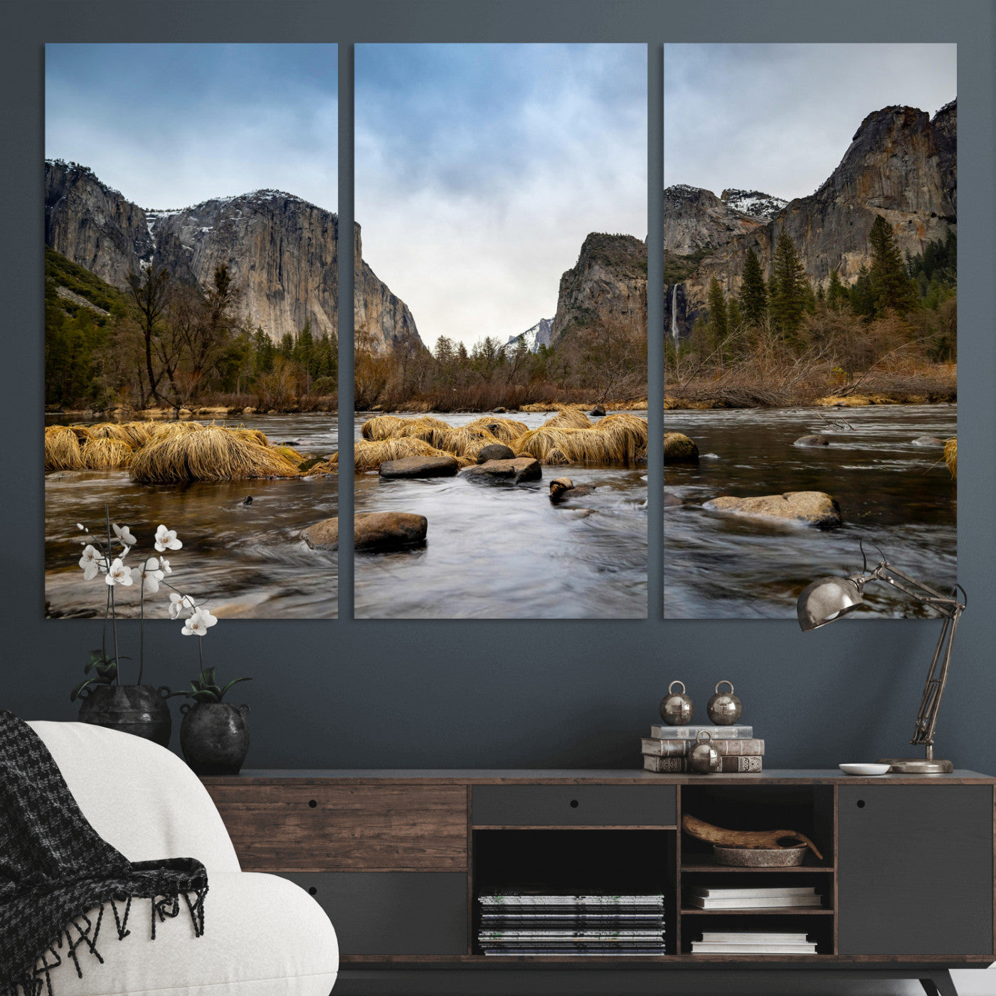 20458404-MGV-CV-36X24 - Yosemite Valley Mountain Landscape Wall Art Canvas Print, Granite Cliff Forest Valley Canvas Print, California National Park Scenic Art Printing