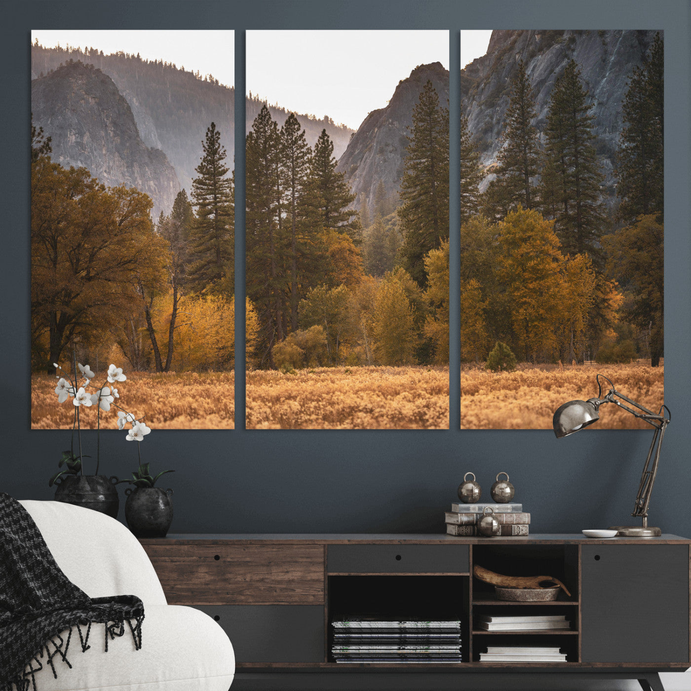 61682763-MGV-CV-36X24 - Yosemite Valley Autumn Forest Landscape Wall Art Canvas Print, Granite Mountain Pine Trees Canvas Print, California National Park Fall Scenic Art Printing