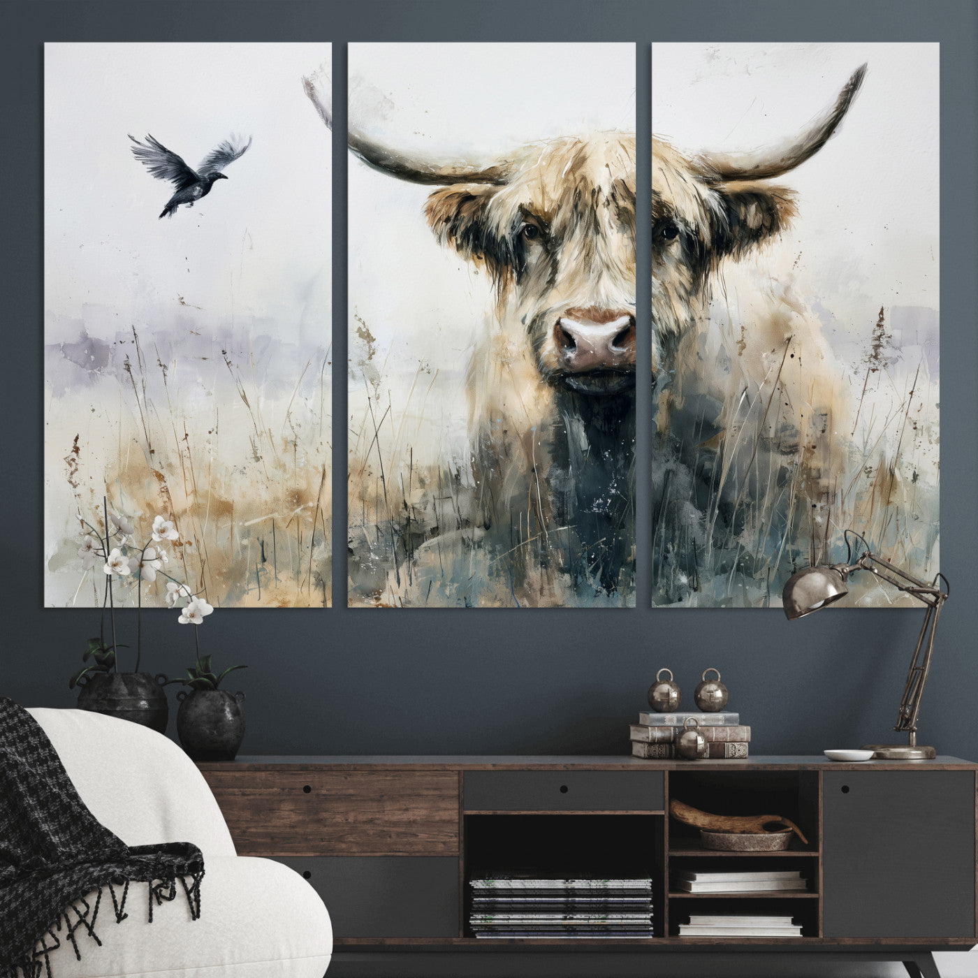 55652651-MGV-CV-36X24 - Abstract Highland Cow Watercolor Animal Wall Art Canvas Print, Rustic Farm Cattle Portrait Canvas Print, Neutral Wildlife Farmhouse Art Printing