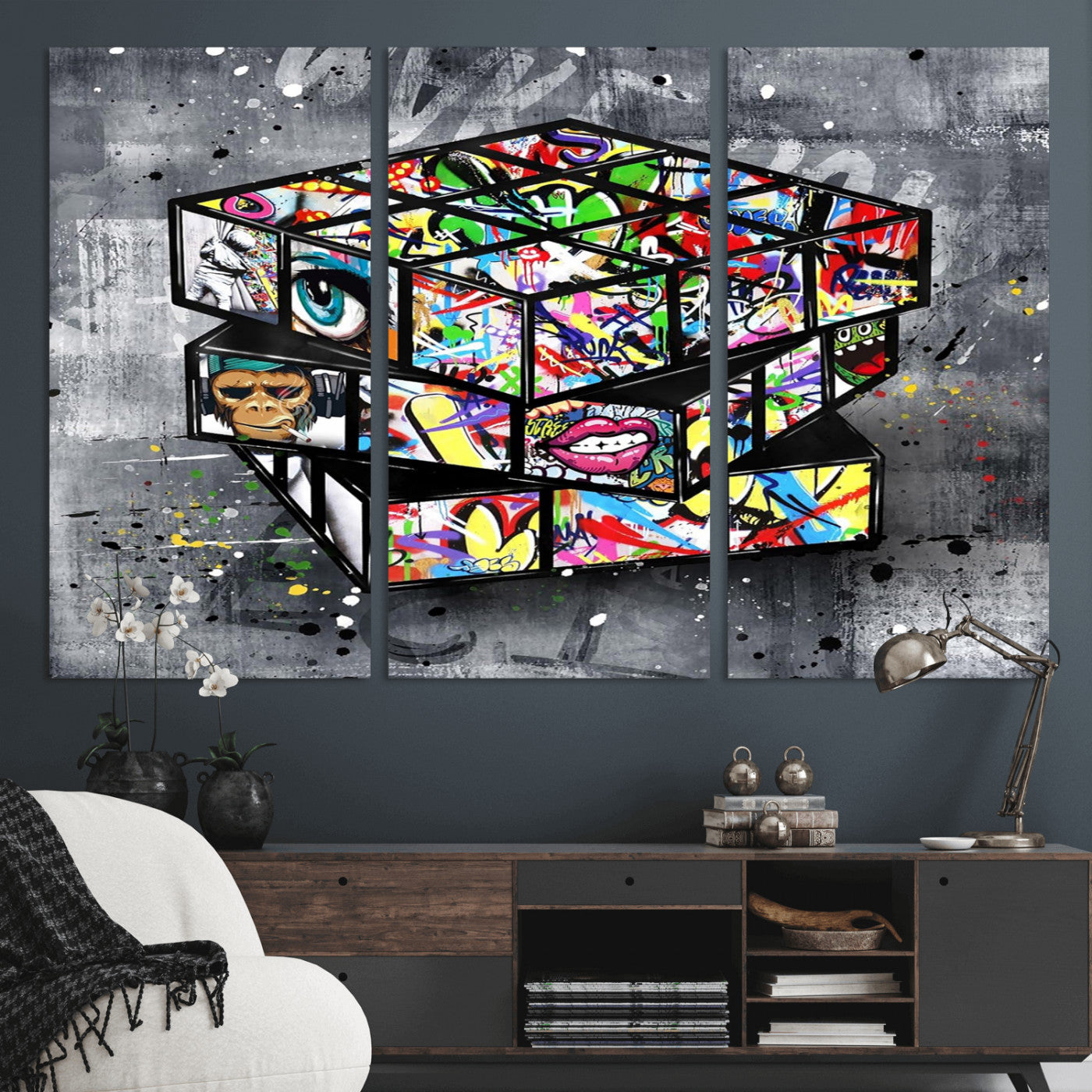46789556-MGV-CV-36X24 - Graffiti Cube Abstract Street Art Wall Art Canvas Print, Colorful Urban Pop Art Geometric Canvas Print, Modern Street Art Contemporary Art Printing