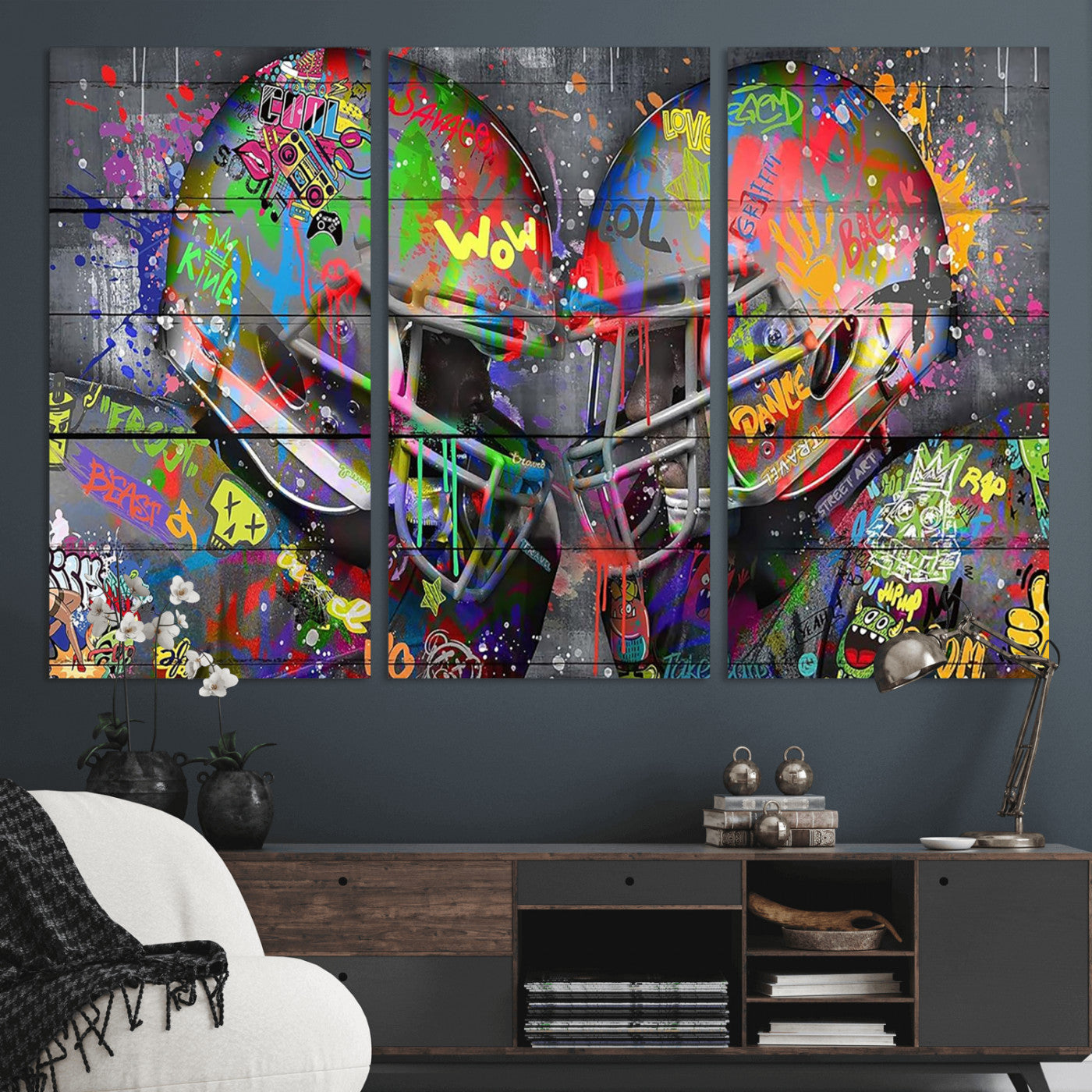 15309853-MGV-CV-36X24 - Graffiti Football Helmets Wall Art Canvas Print, Urban Street Art Sports Decor, Colorful American Football Graffiti Artwork