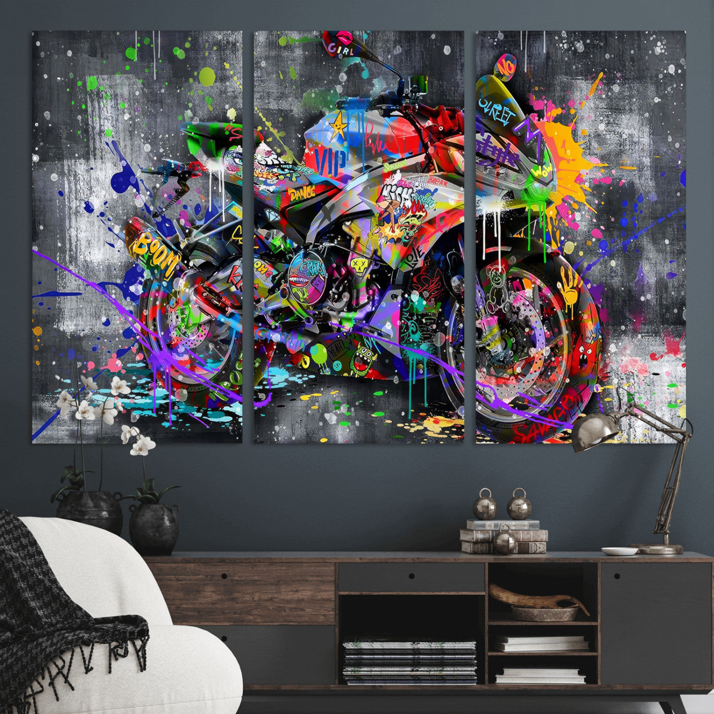 83021767-MGV-CV-36X24 - Graffiti Motorcycle Wall Art Canvas Print, Urban Street Art Motorbike Decor, Colorful Graffiti Sports Bike Artwork