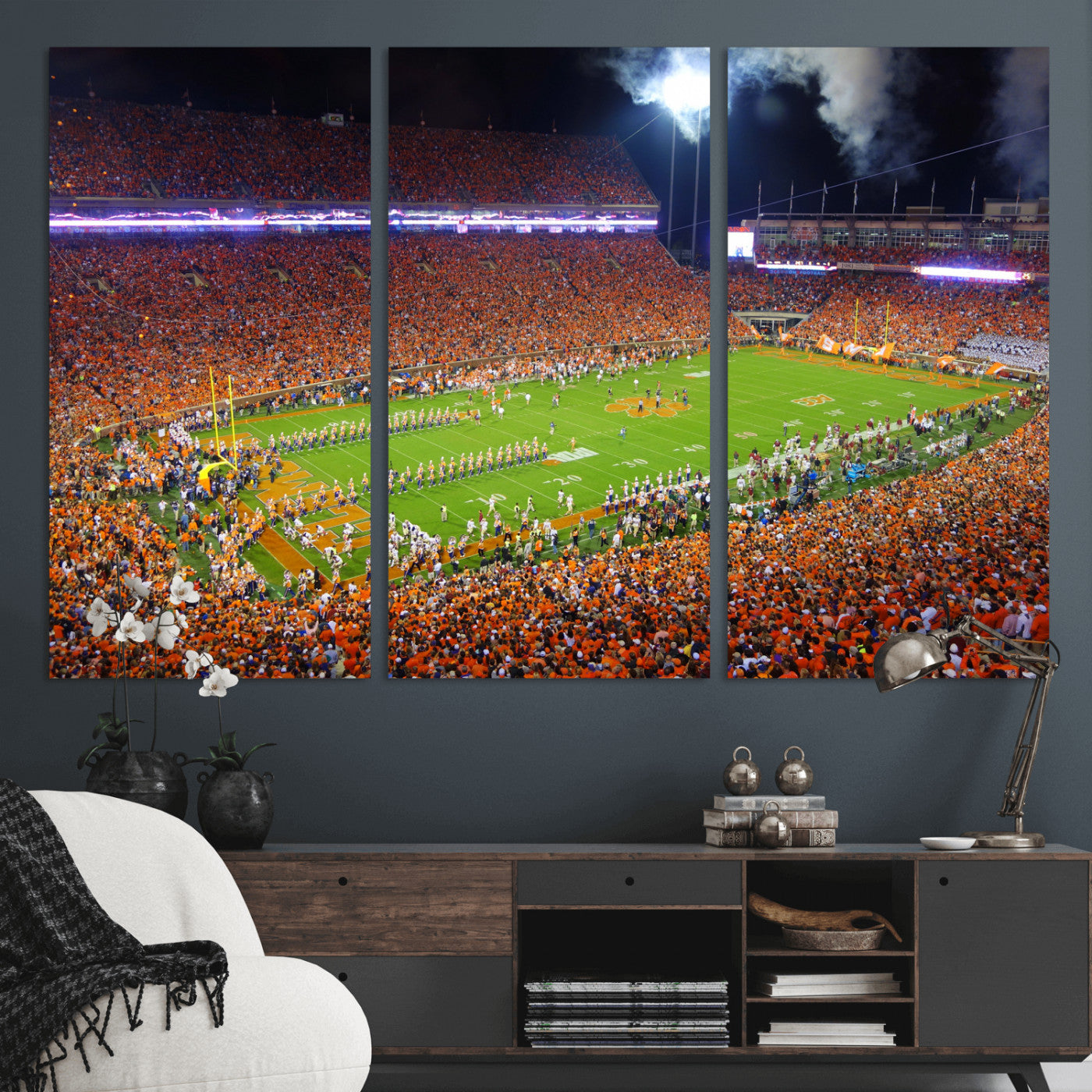 43662631-MGV-CV-36X24 - Clemson Football Stadium Wall Art Canvas Print, College Football Crowd Night Game Scene, Orange Stadium Panorama Wall Decor
