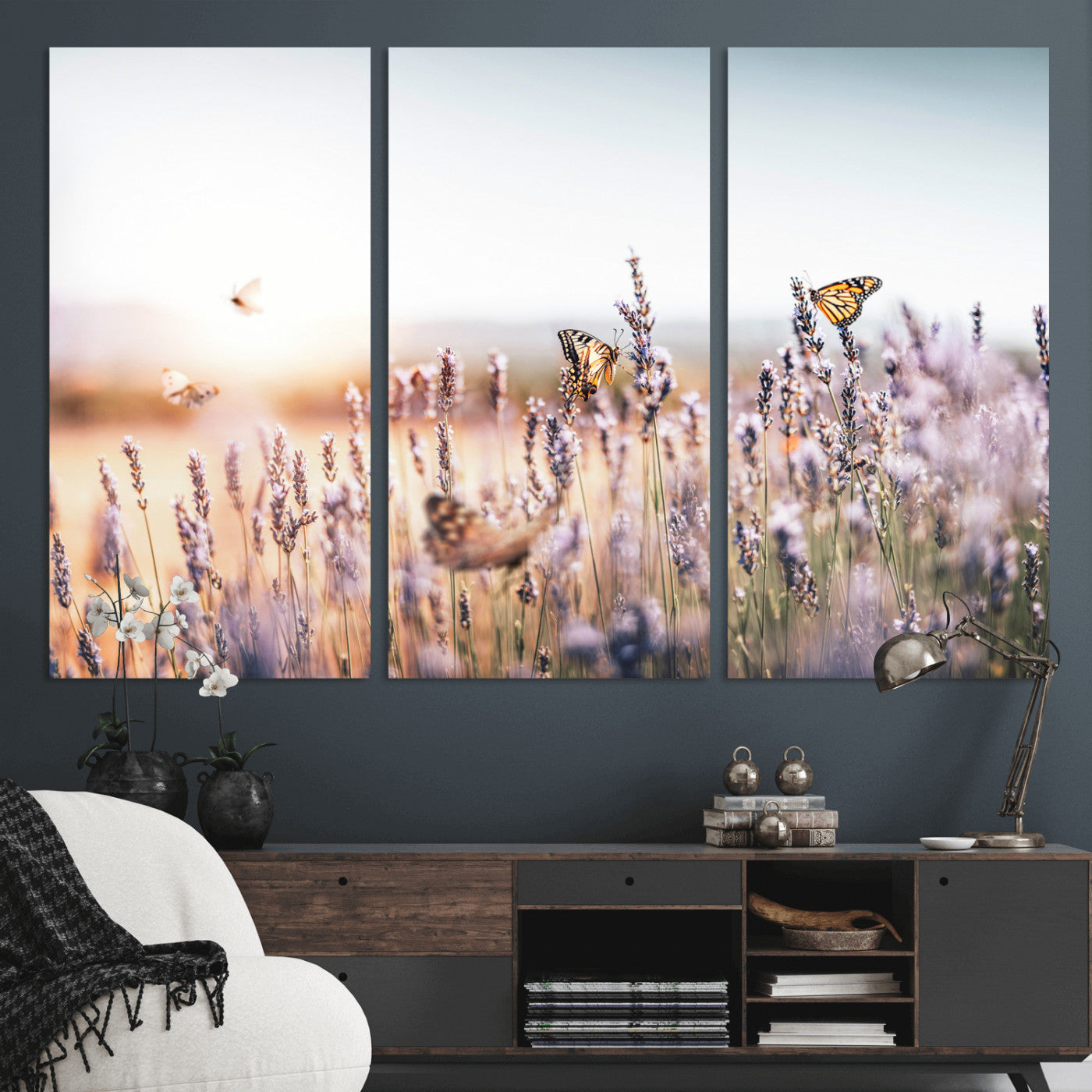 46417478-MGV-CV-36X24 - Lavender Field Wall Art Canvas Print, Butterfly Floral Landscape Art, Soft Nature Wall Decor for Bedroom