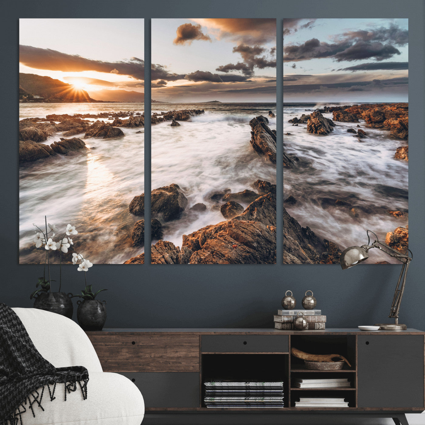 66746024-MGV-CV-36X24 - Rocky Coast Ocean Sunset Wall Art Canvas Print, Dramatic Seascape Nature Wall Decor for Living Room and Office