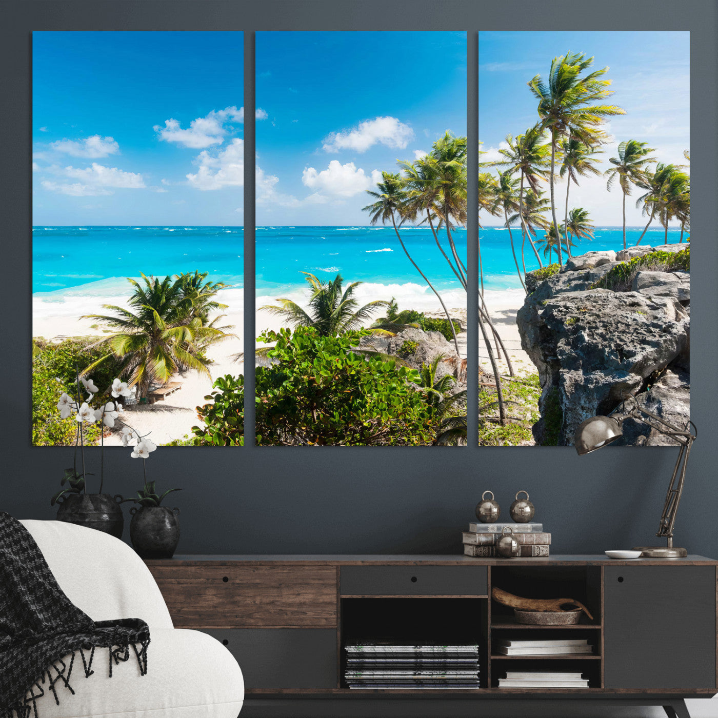98605610-MGV-CV-36X24 - Tropical Beach Wall Art Canvas Print, Palm Tree Ocean Landscape Photography, Caribbean Coastal Artwork