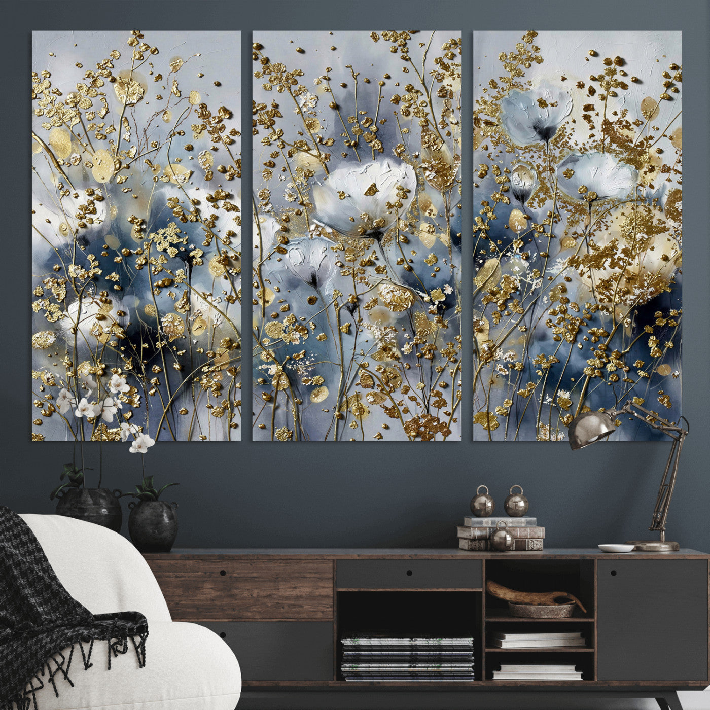 24499670-MGV-CV-36X24 - Abstract Floral Wall Art Canvas Print – Gold and Blue Botanical Artwork for Living Room, Bedroom, and Office Decor