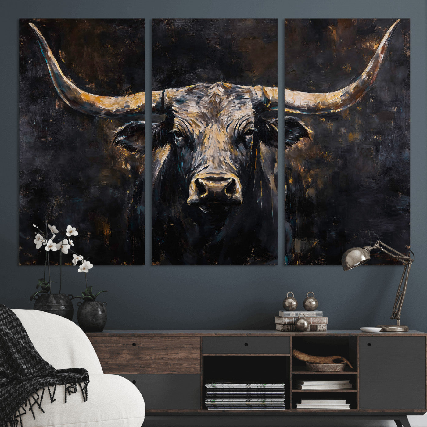 17622011-MGV-CV-36X24 - Abstract Longhorn Bull Wall Art Canvas Print – Dark Rustic Western Cattle Artwork for Farmhouse, Ranch, Cabin, and Office Decor