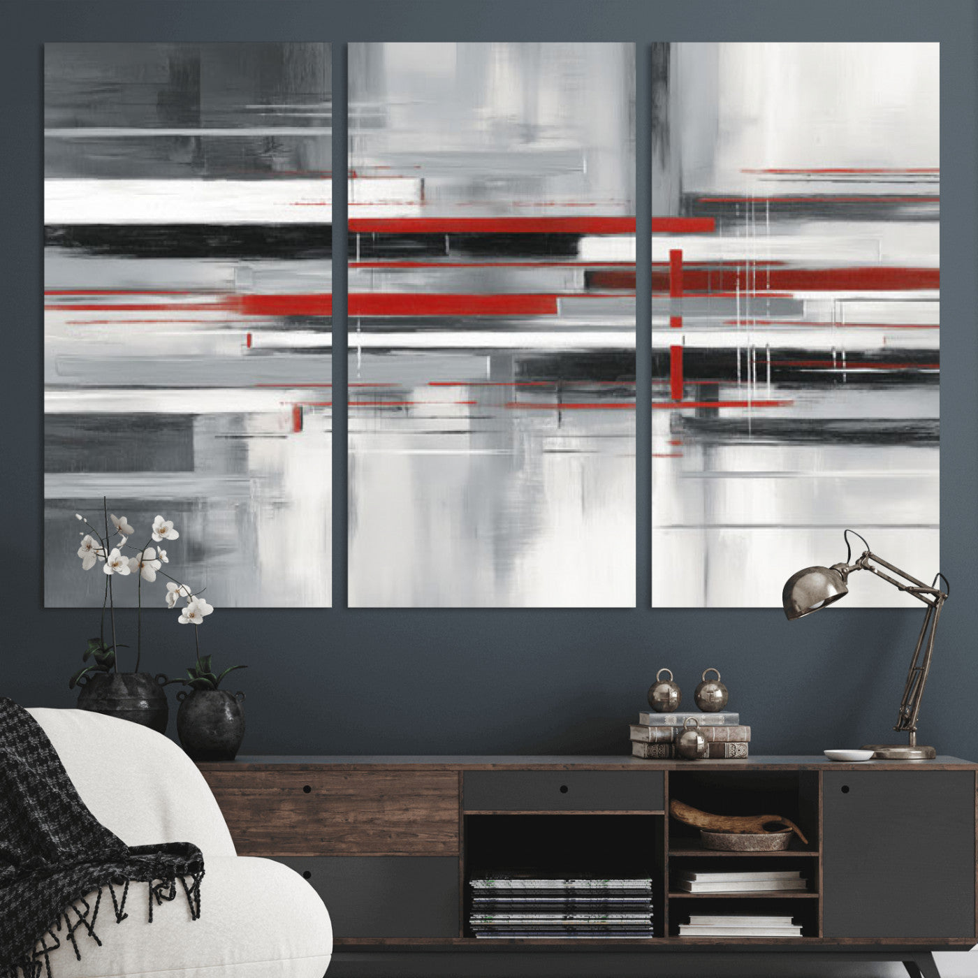 62640681-MGV-CV-36X24 - Gray Red Abstract Wall Art Canvas Print, Modern Abstract Canvas Wall Decor for Contemporary Living Room and Office