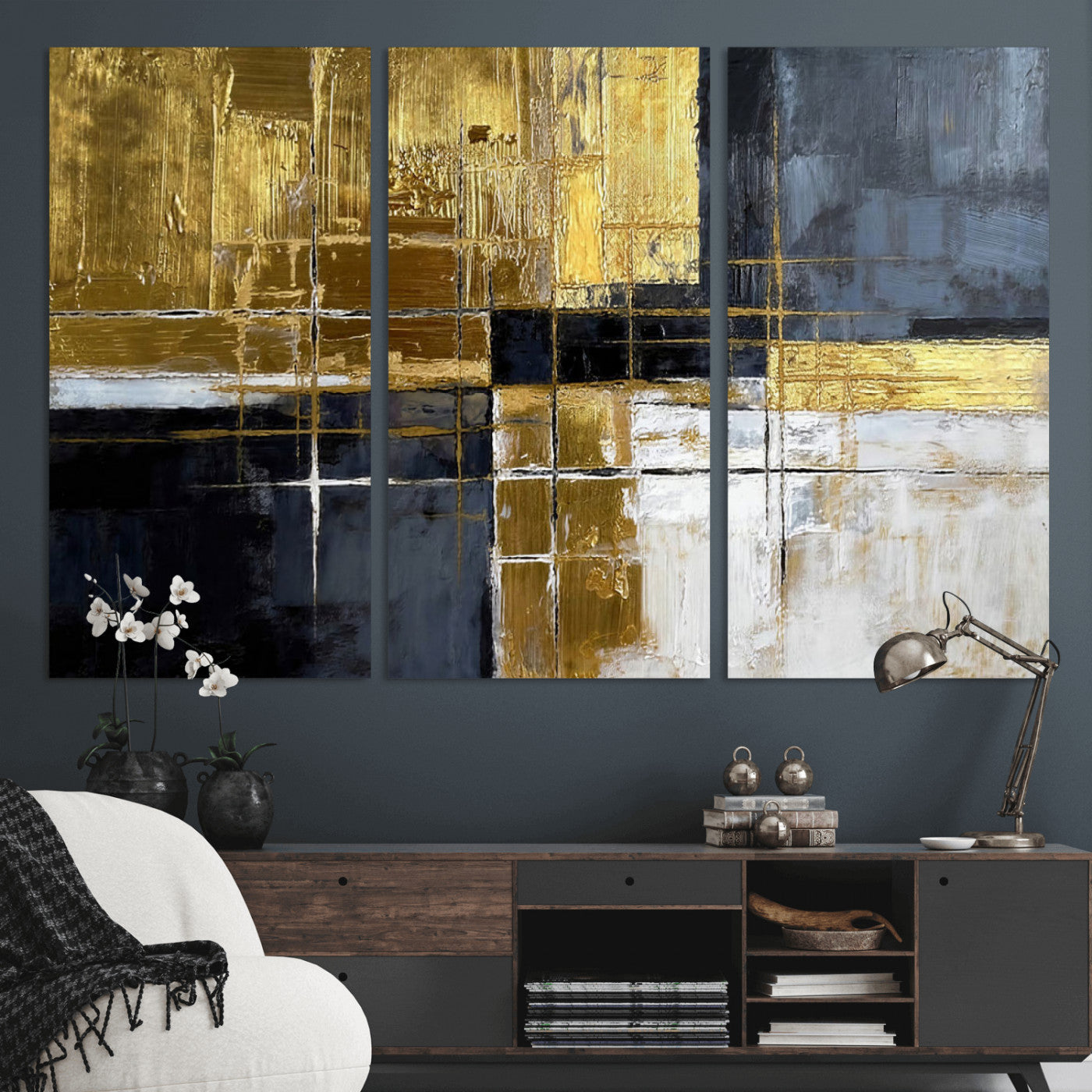 76917030-MGV-CV-36X24 - Gold Navy Abstract Wall Art Canvas Print, Modern Luxury Geometric Painting Wall Decor for Living Room and Office