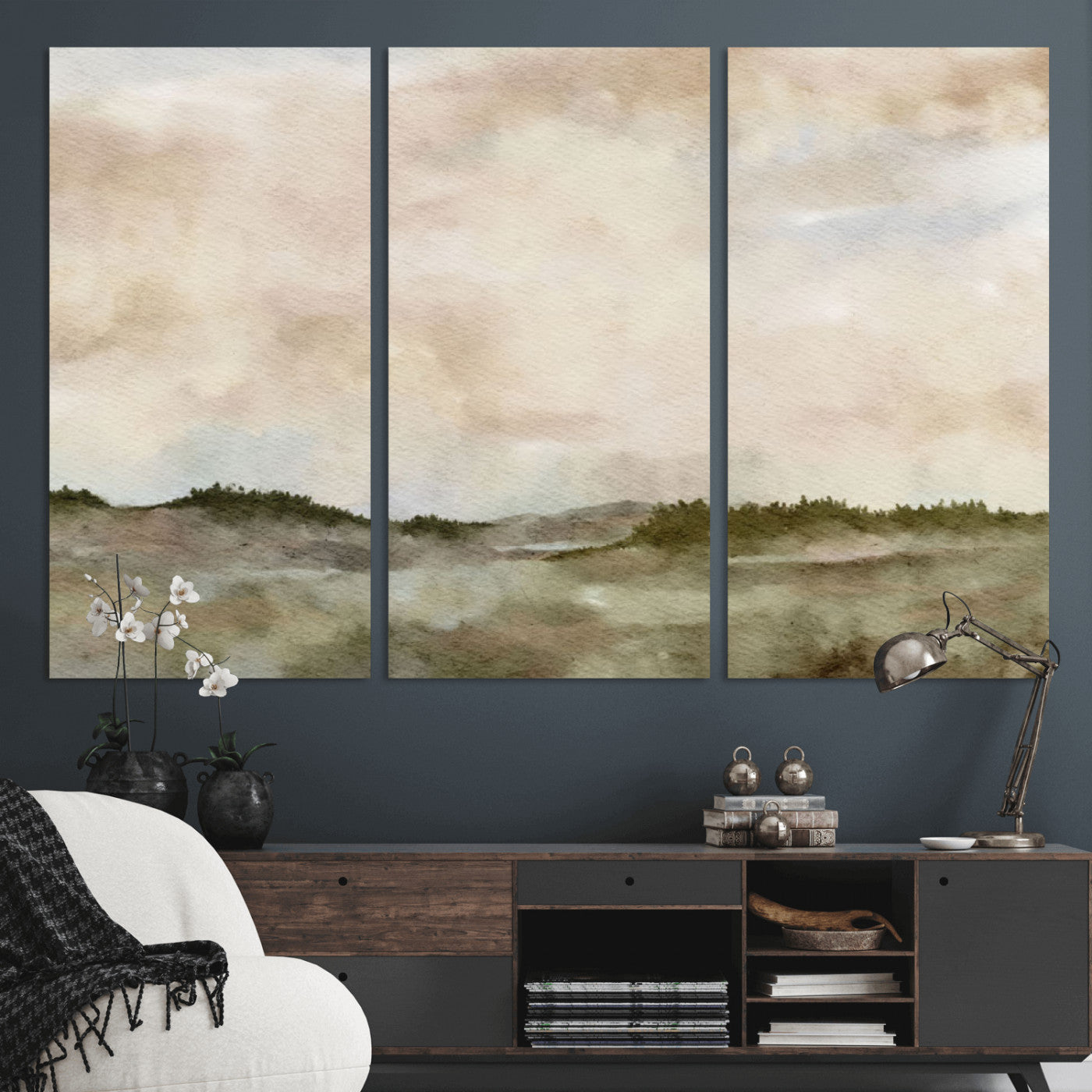 13578069-MGV-CV-36X24 - Abstract Landscape Wall Art Canvas Print, Watercolor Pastoral Landscape Painting Wall Decor for Modern Farmhouse Interiors