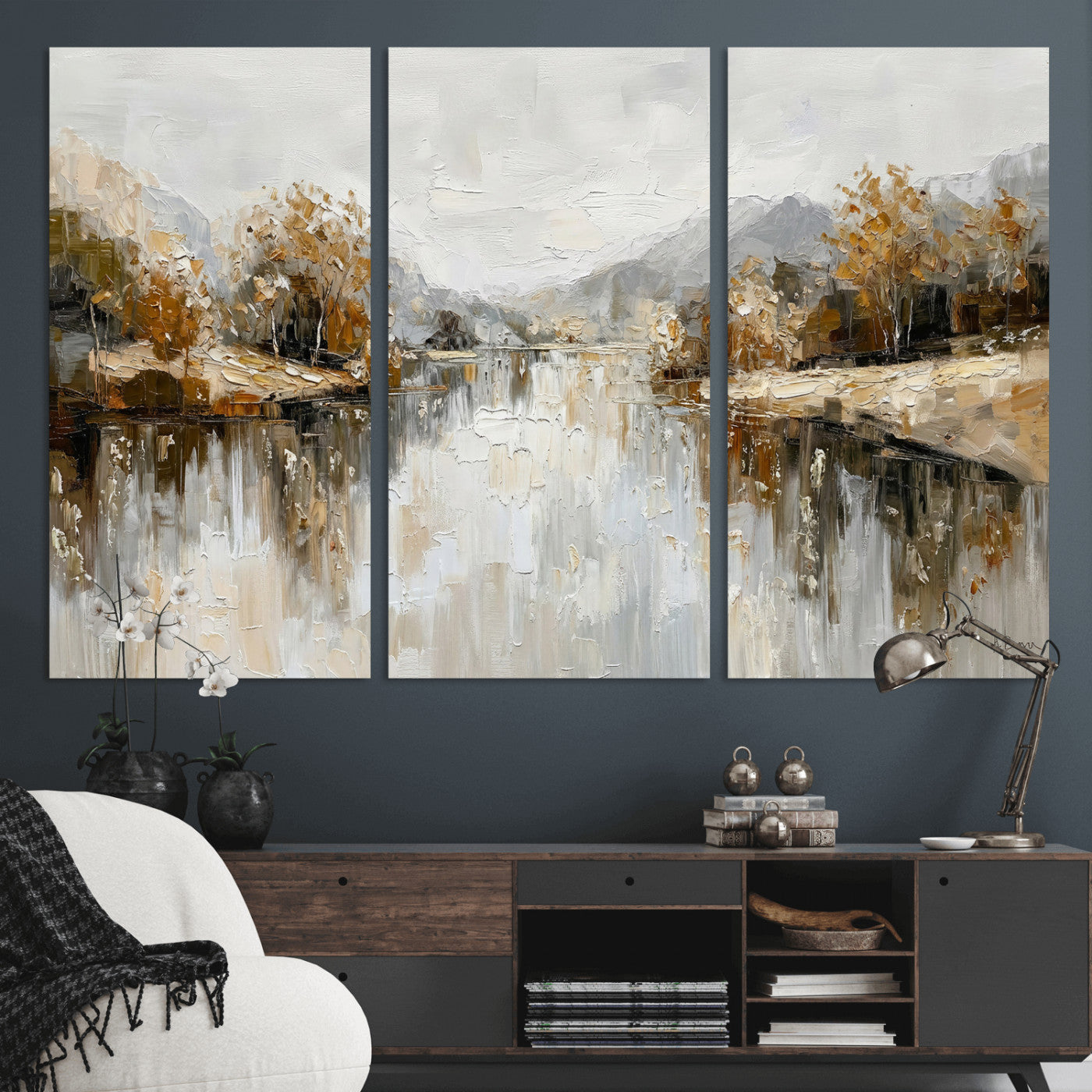 78227690-MGV-CV-36X24 - Neutral Abstract Lake Landscape Wall Art Canvas Print, Modern Minimal River Reflection Canvas Print, Beige Gray Contemporary Nature Art Printing