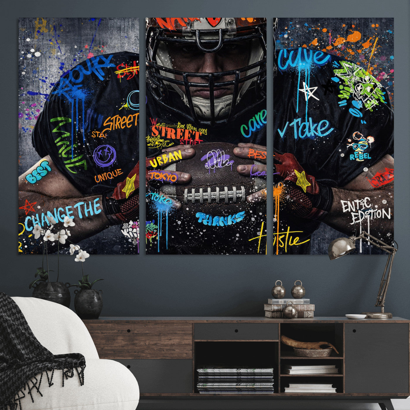 55267256-MGV-CV-36X24 - Graffiti American Football Player Street Art Wall Art Canvas Print, Urban Sports Pop Art Football Canvas Print, Modern Athletic Graffiti Contemporary Art Printing
