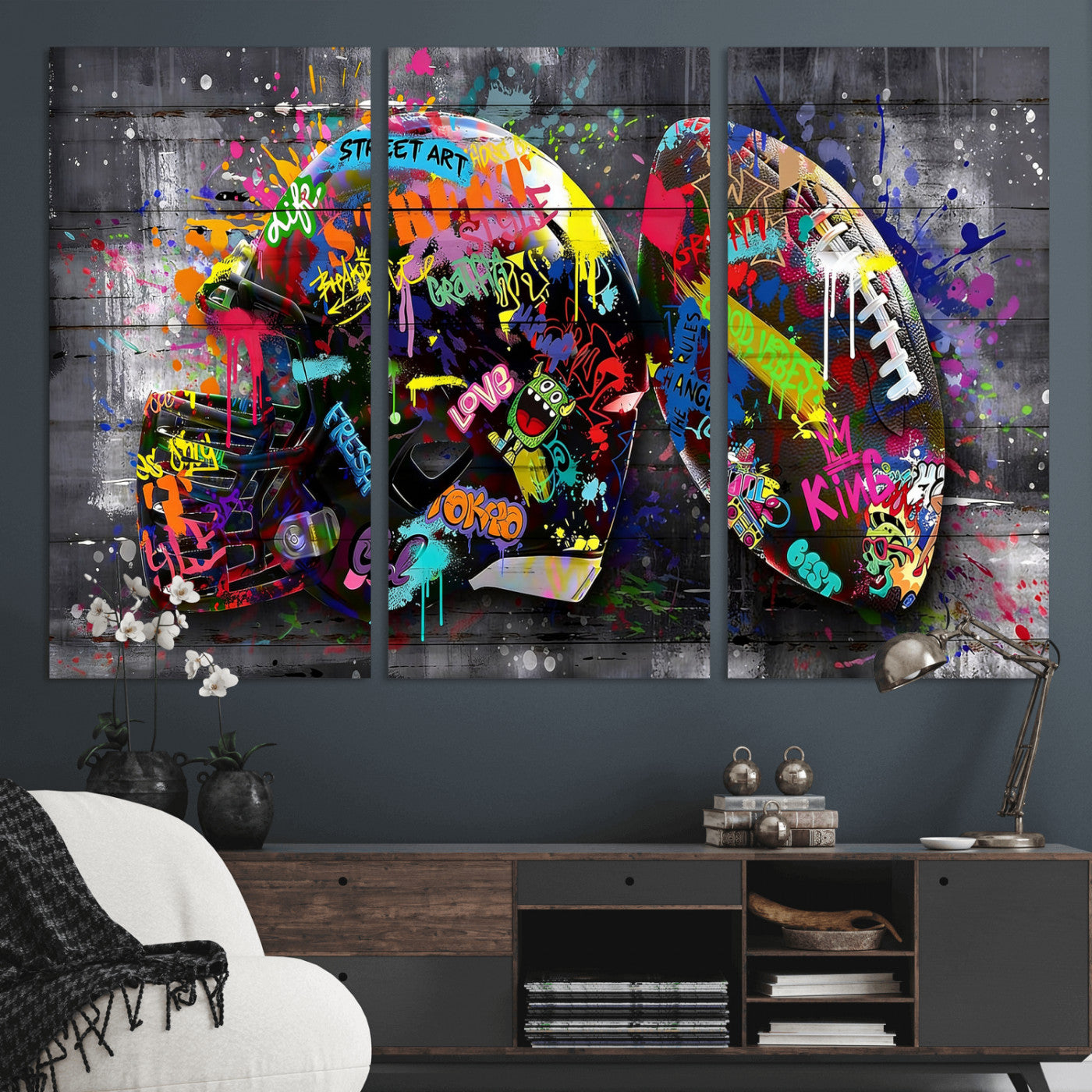 80540773-MGV-CV-36X24 - Graffiti American Football Helmet Street Art Wall Art Canvas Print, Urban Sports Pop Art Football Canvas Print, Colorful Graffiti Sports Contemporary Art Printing