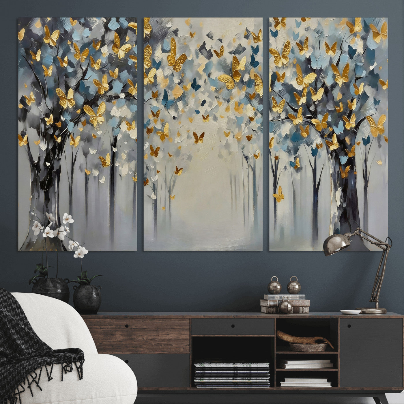 79208191-MGV-CV-36X24 - Golden Butterfly Tree Abstract Wall Art Canvas Print, Modern Elegant Nature Painting Canvas Print, Blue Gold Contemporary Floral Art Printing