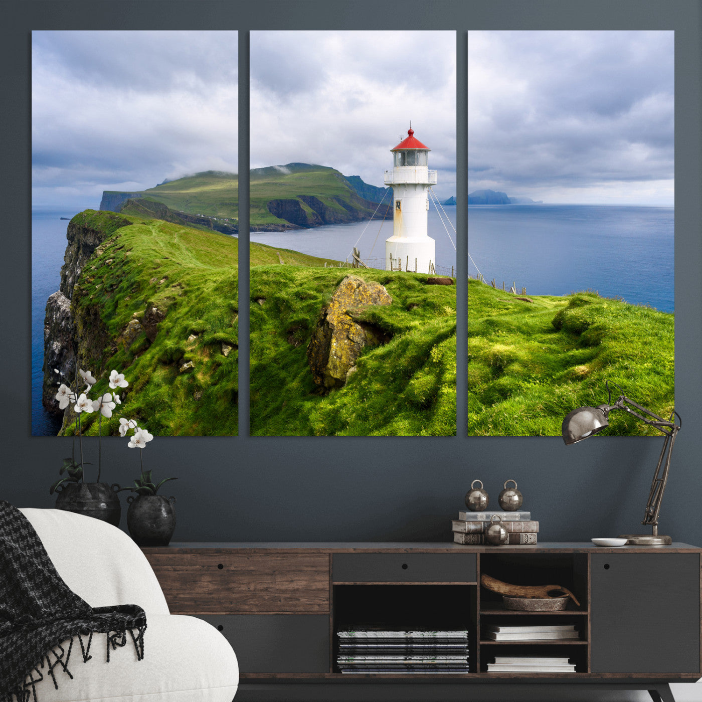 10680390-MGV-CV-36X24 - Coastal Lighthouse Wall Art Canvas Print, Cliffside Ocean Landscape Canvas Print, Scandinavian Coastal Decor for Living Room