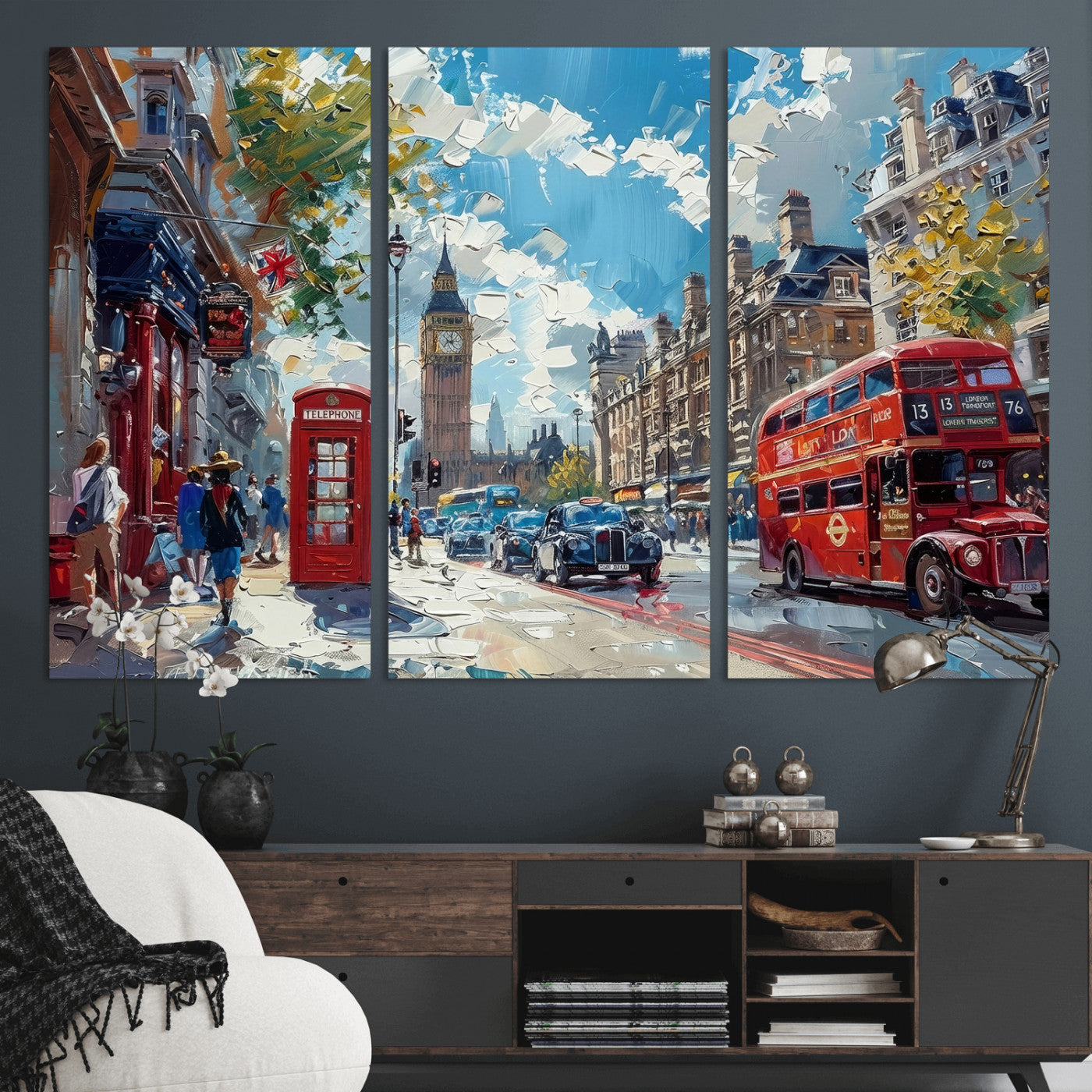 17630888-MGV-CV-36X24 - Modern London City Street Wall Art Canvas Print, Big Ben & Red Bus Artwork Canvas Print