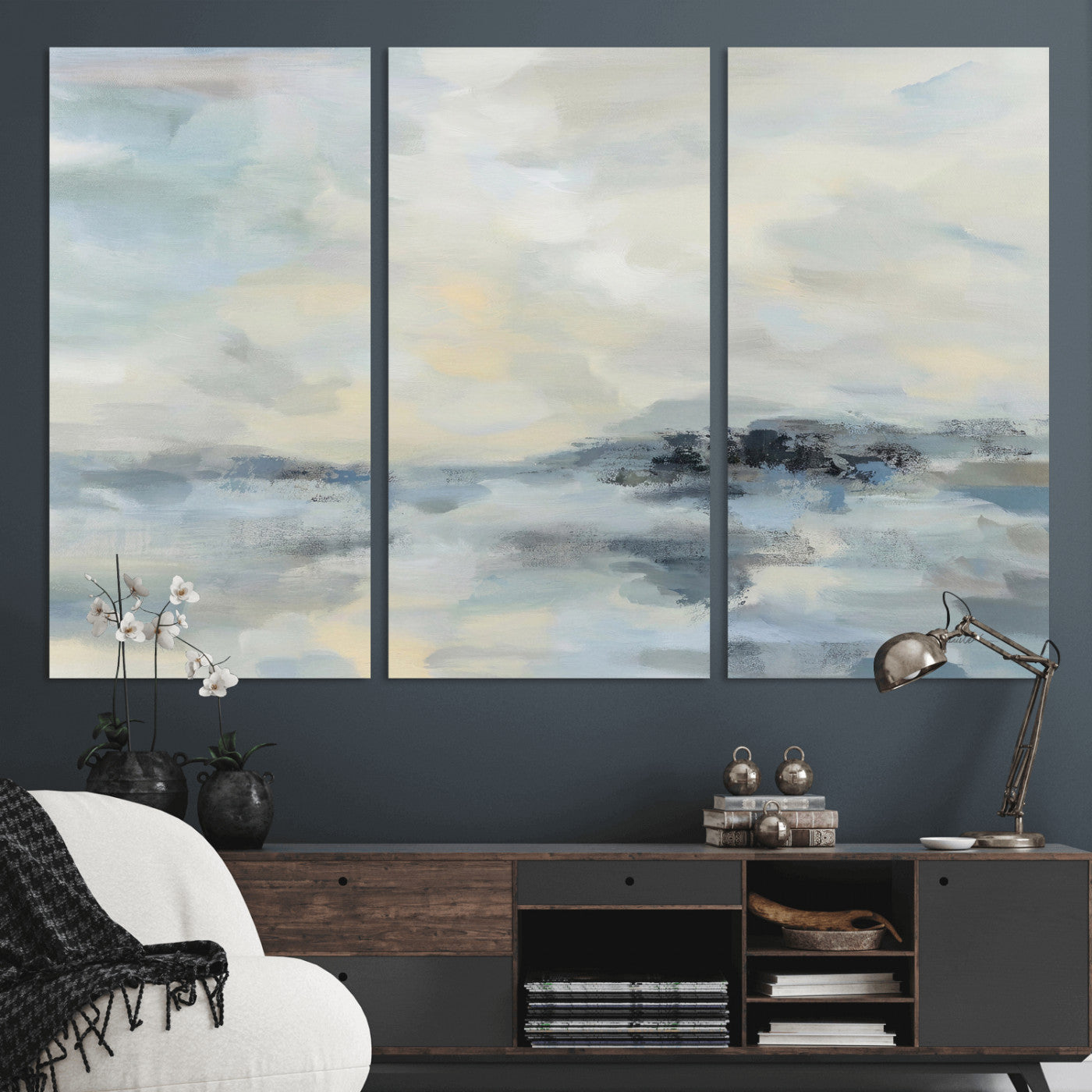 24647355-MGV-CV-36X24 - Abstract Coastal Landscape Wall Art Canvas Print – Soft Blue Gray Minimalist Painting