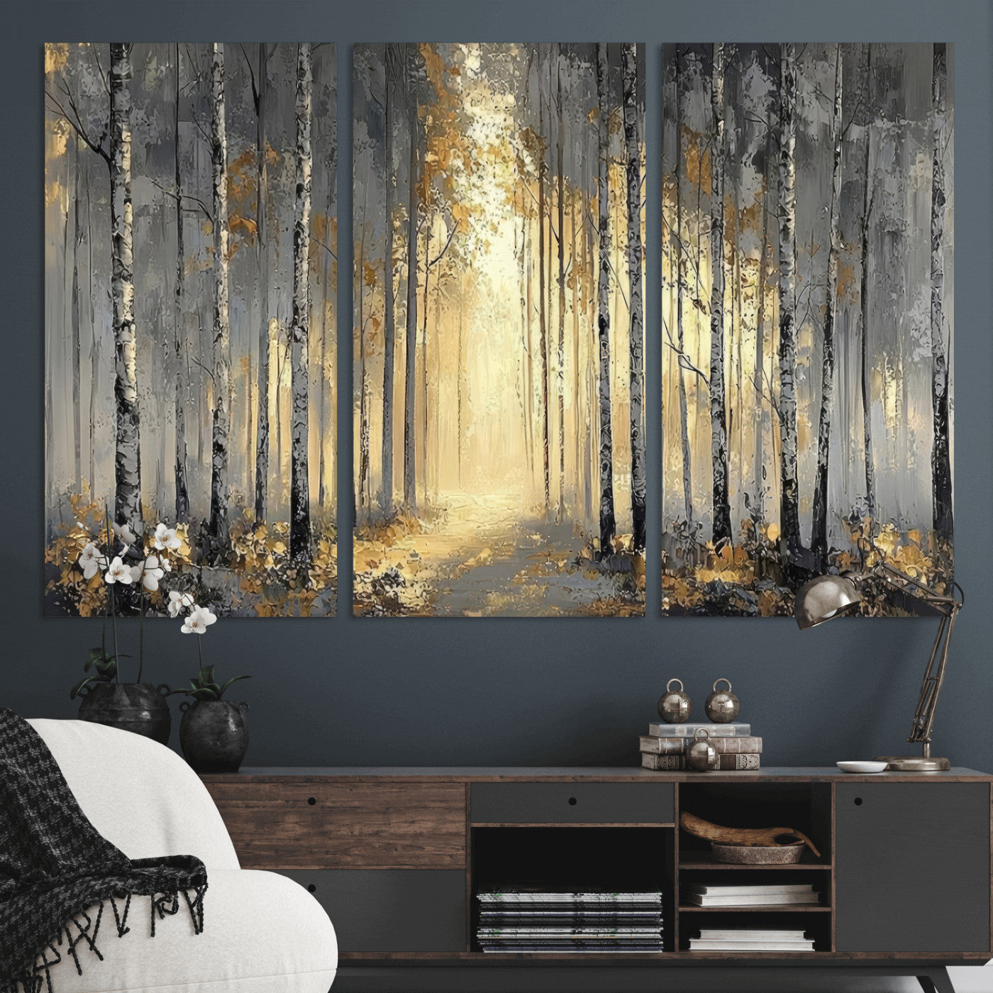 41017042-MGV-CV-36X24 - Abstract Birch Forest Wall Art Canvas Print – Modern Neutral Woodland Landscape Artwork for Living Room Decor
