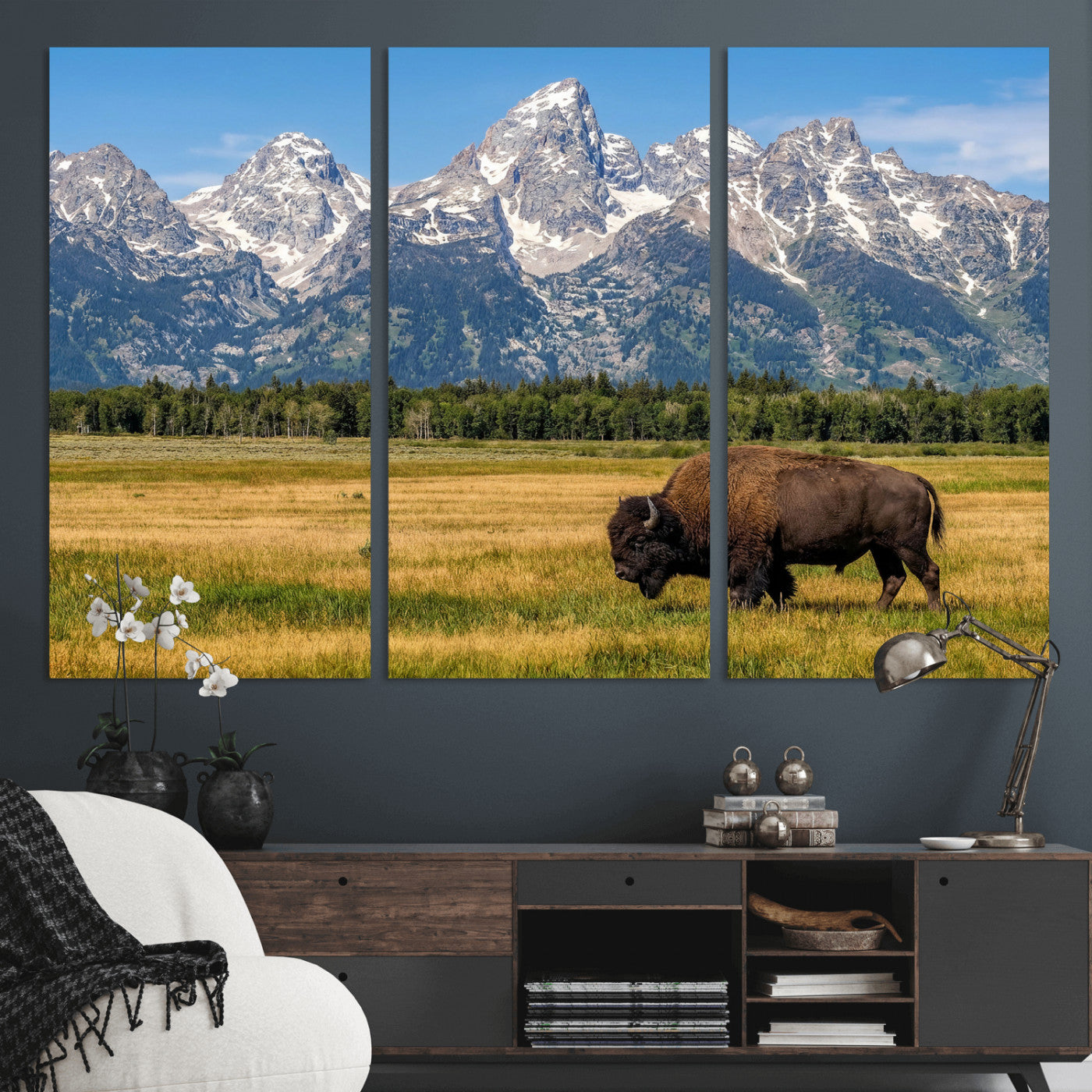 20424529-MGV-CV-36X24 - Bison in Mountain Landscape Wall Art Canvas Print – Western Wildlife Artwork for Rustic Living Room Decor