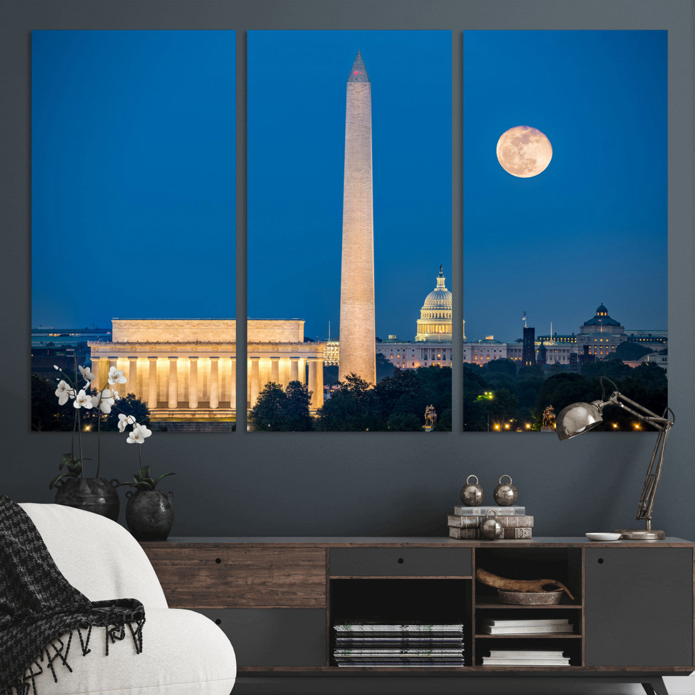 96712946-MGV-CV-36X24 - Washington DC Skyline Wall Art Canvas Print – Lincoln Memorial, Washington Monument and US Capitol Night Cityscape Artwork