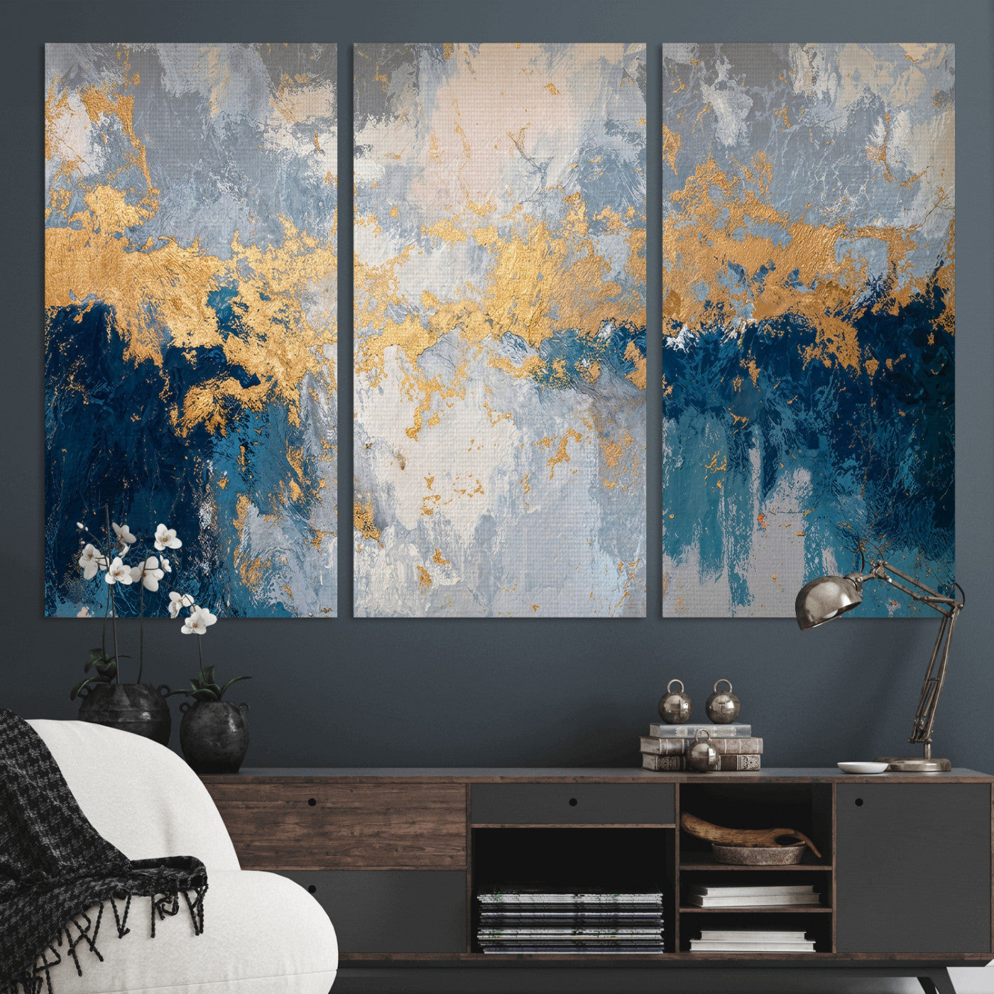 65386119-MGV-CV-36X24 - Blue Gold Abstract Large Framed Canvas Wall Art, Modern Luxury Painting Print in Horizontal Oversized Minimal Wall Decor Artwork