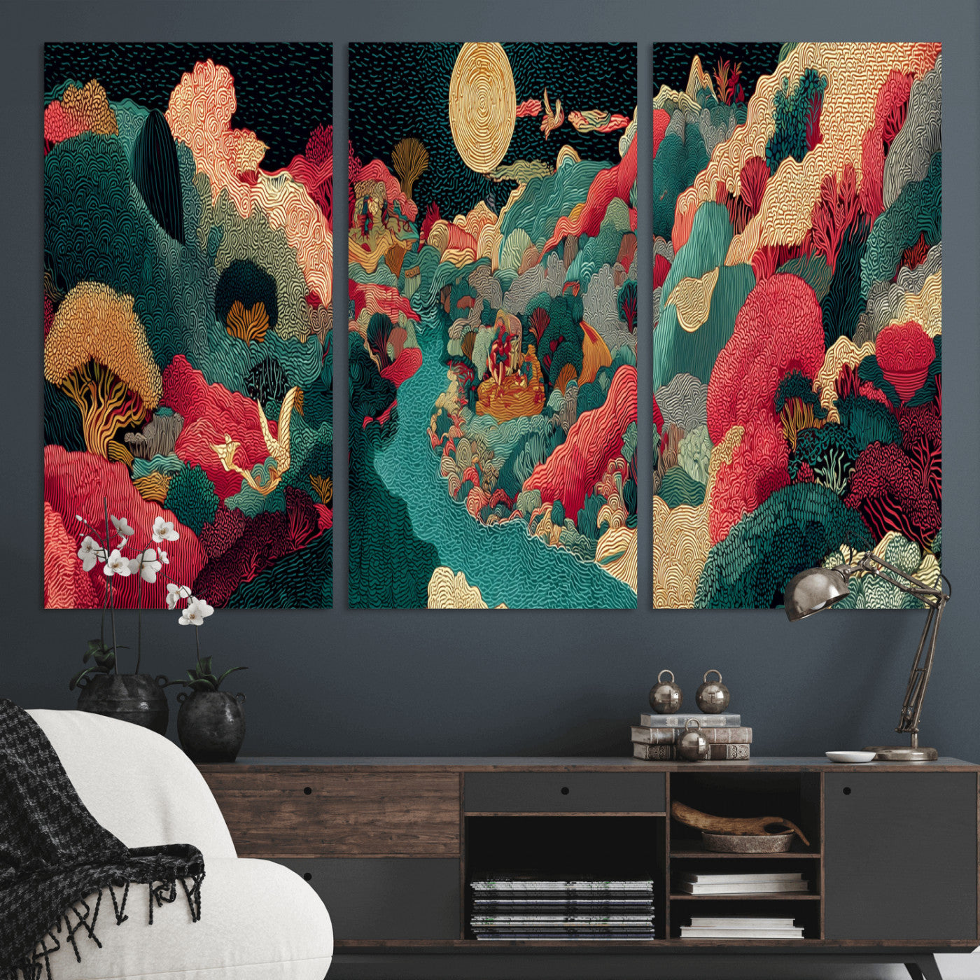 36816259-MGV-CV-48X32-3P - Colorful Japanese Landscape Print: Maximalist Panoramic Wall Art