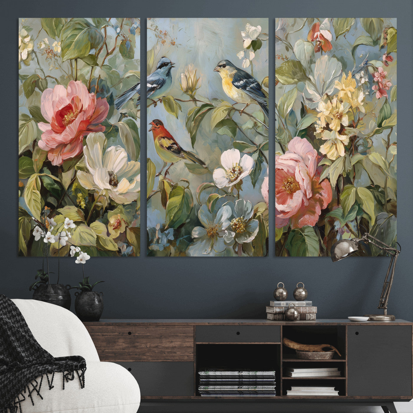55440837-MGV-CV-36X24 - Vintage Birds and Flowers Wall Art Canvas Print, Botanical Bird Painting Canvas Print, Floral Garden Bird Artwork Canvas Print, Classic Bird Flower Painting Canvas Print