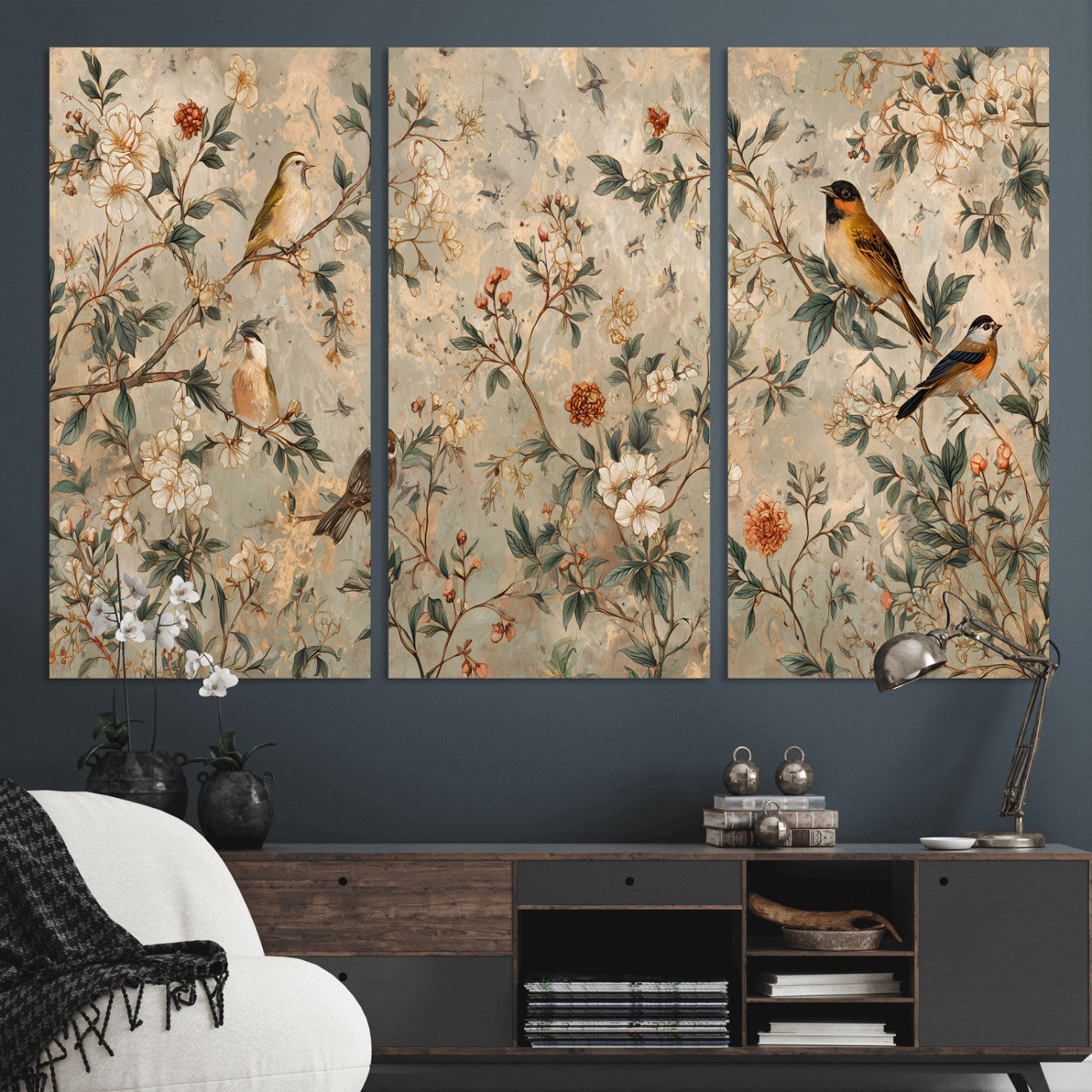 76588438-MGV-CV-36X24 - Vintage Birds and Flowers Wall Art Canvas Print, Botanical Bird Painting Canvas Print, Floral Garden Bird Artwork Canvas Print, Classic Bird Flower Painting Canvas Print