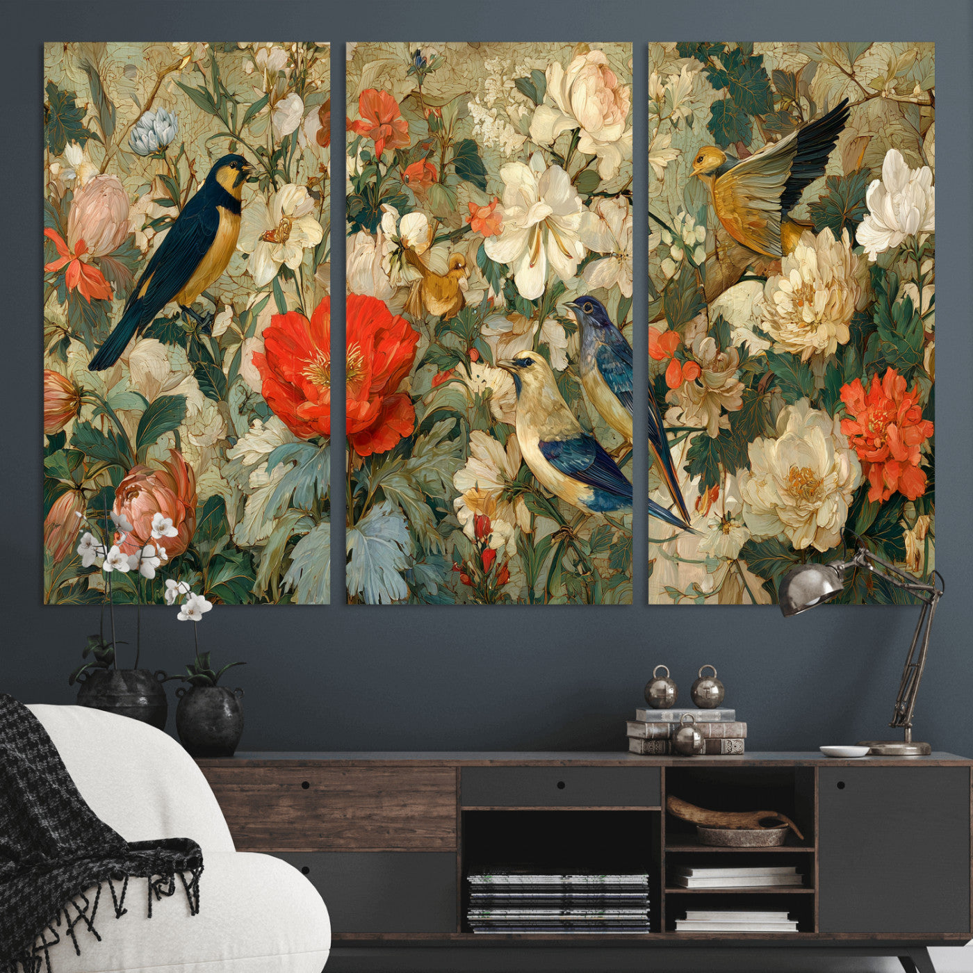 52904757-MGV-CV-36X24 - Vintage Birds and Flowers Wall Art Canvas Print, Botanical Bird Painting Canvas Print, Floral Garden Bird Artwork Canvas Print, Classic Bird Flower Painting Canvas Print