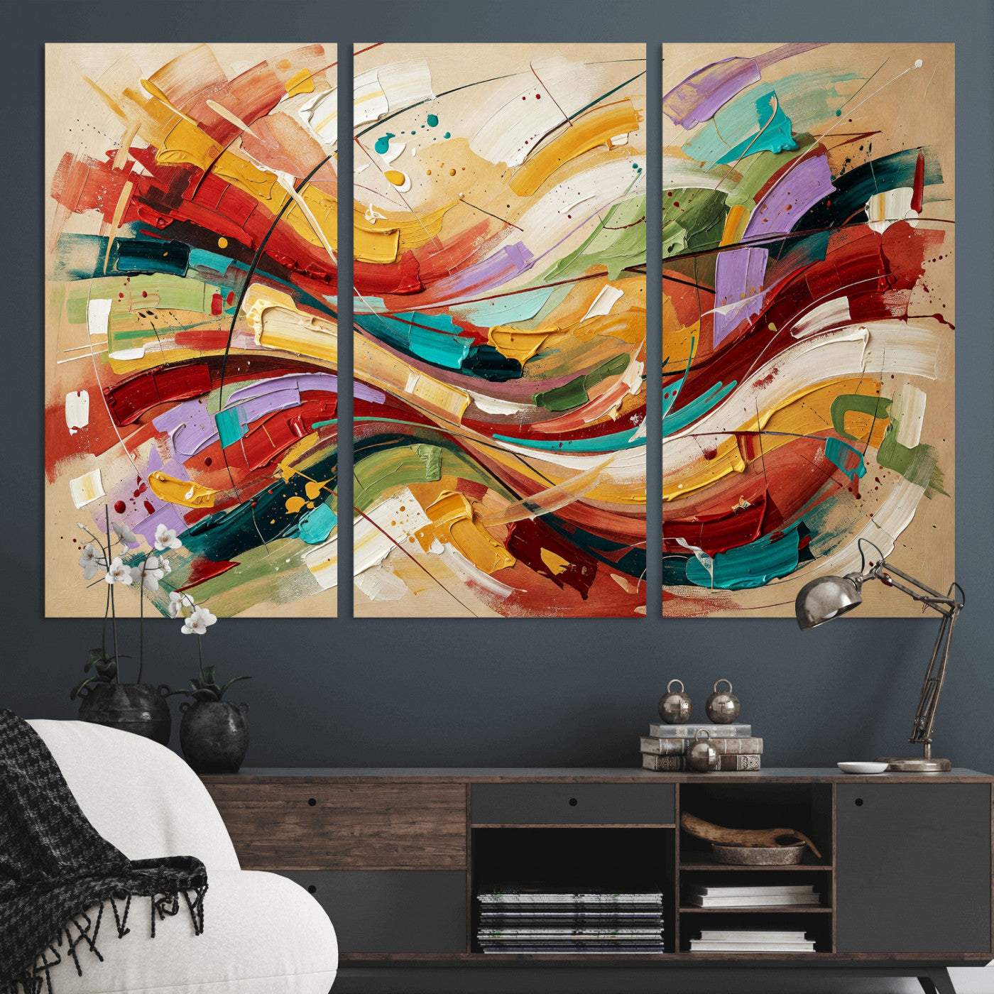 39887645-MGV-CV-36X24 - Geometric Abstract Wall Art Canvas Print, Orange Blue Abstract Expressionist Painting Print, Modern Geometric Abstract Canvas Art