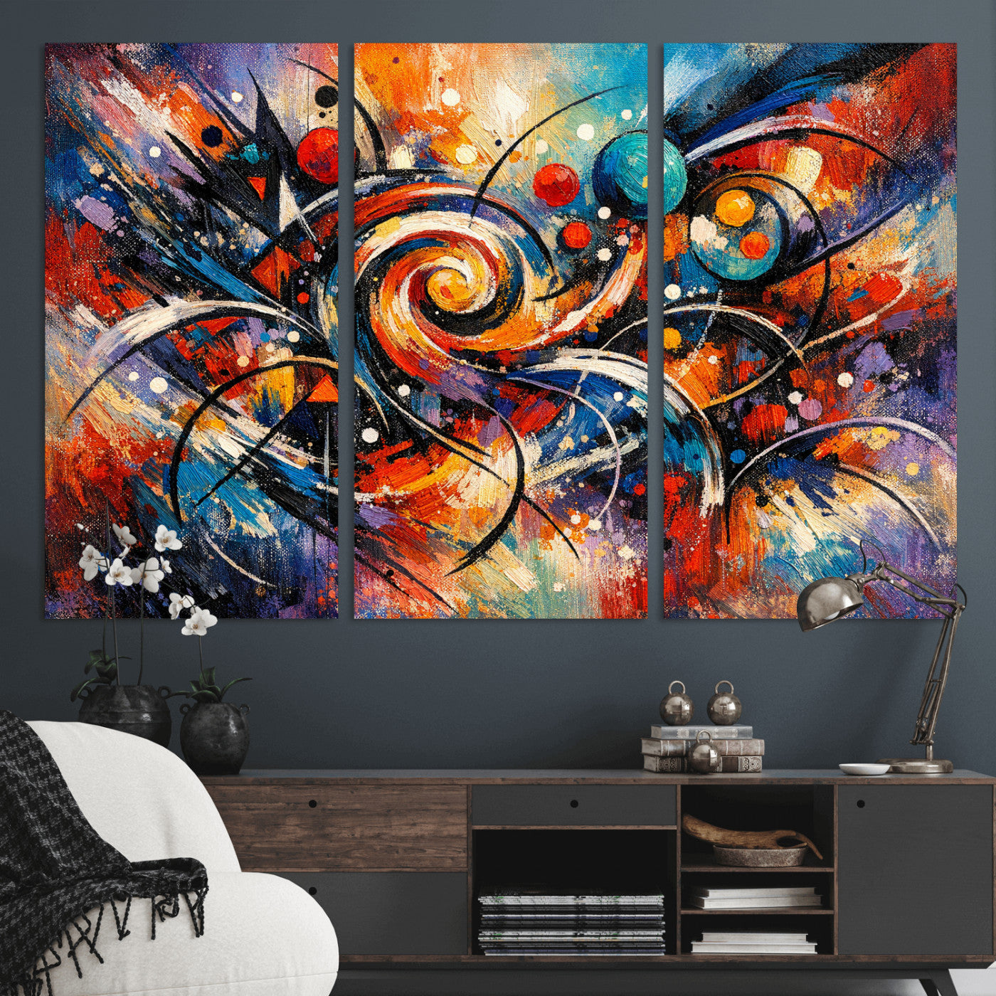 60193267-MGV-CV-36X24 - Geometric Abstract Wall Art Canvas Print, Orange Blue Abstract Expressionist Painting Print, Modern Geometric Abstract Canvas Art
