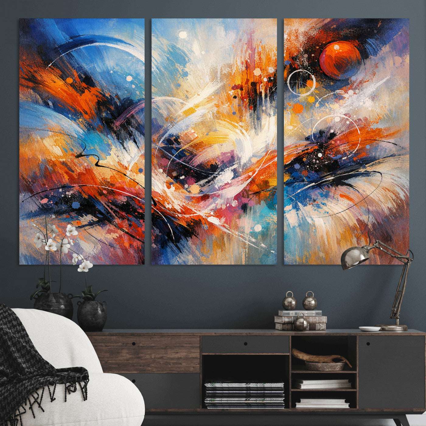 47770355-MGV-CV-36X24 - Geometric Abstract Wall Art Canvas Print, Orange Blue Abstract Expressionist Painting Print, Modern Geometric Abstract Canvas Art