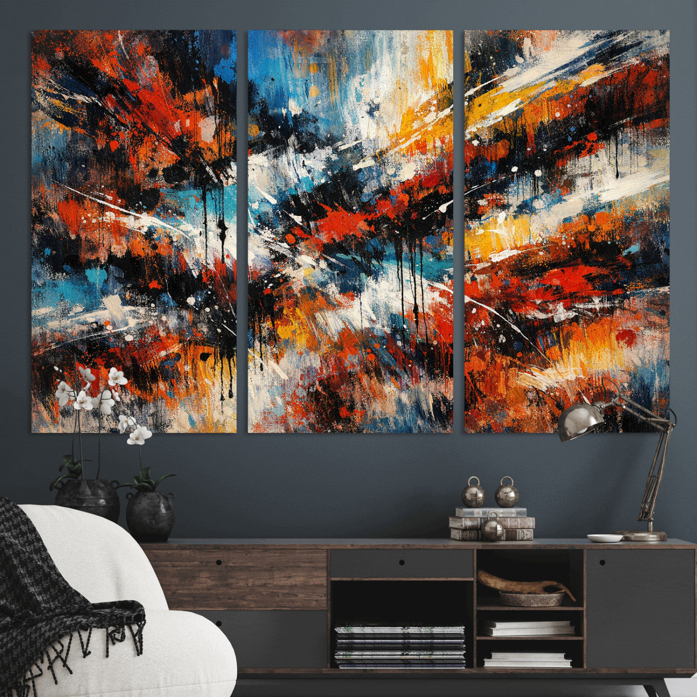 80276069-MGV-CV-36X24 - Geometric Abstract Wall Art Canvas Print, Orange Blue Abstract Expressionist Painting Print, Modern Geometric Abstract Canvas Art