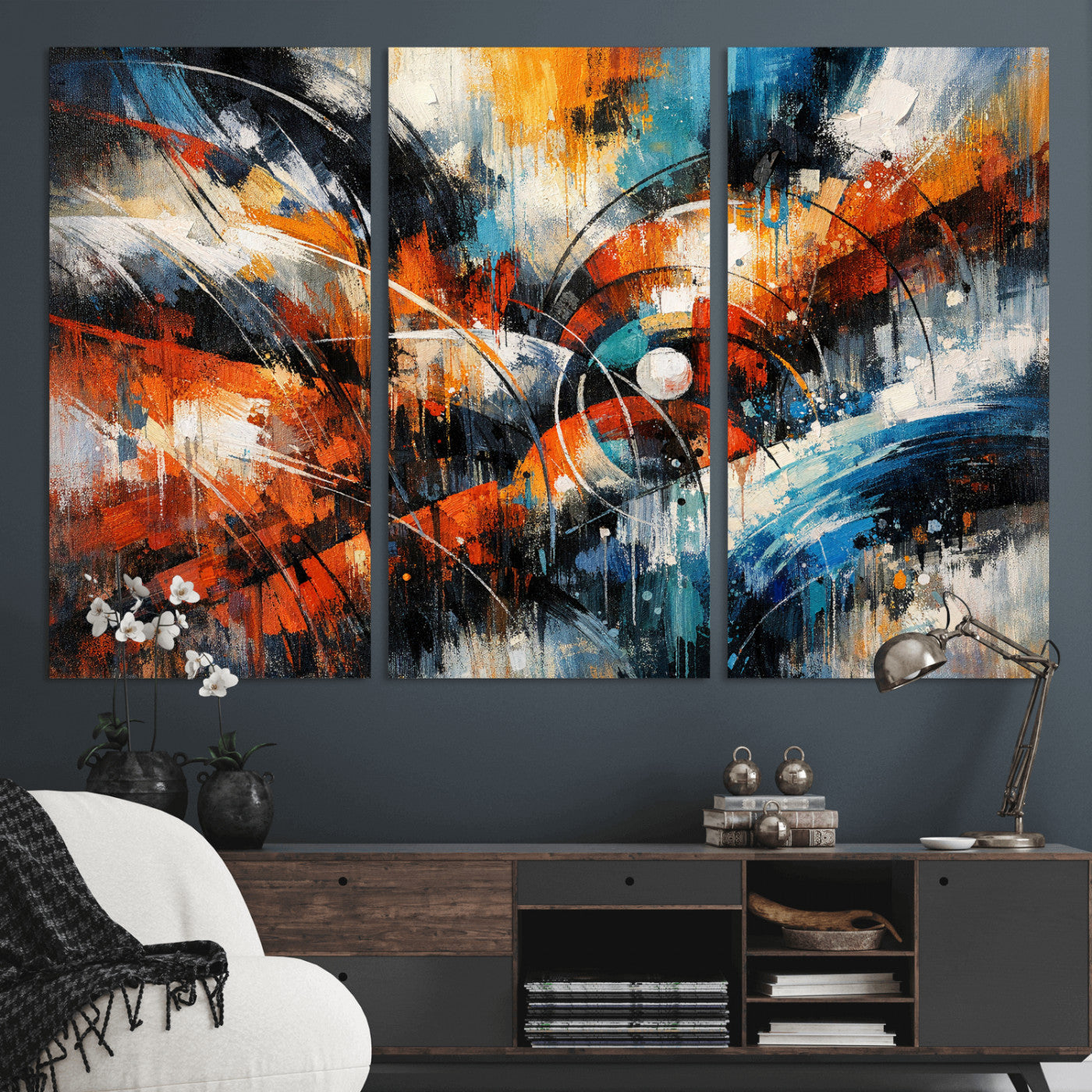 47120691-MGV-CV-36X24 - Geometric Abstract Wall Art Canvas Print, Orange Blue Abstract Expressionist Painting Print, Modern Geometric Abstract Canvas Art