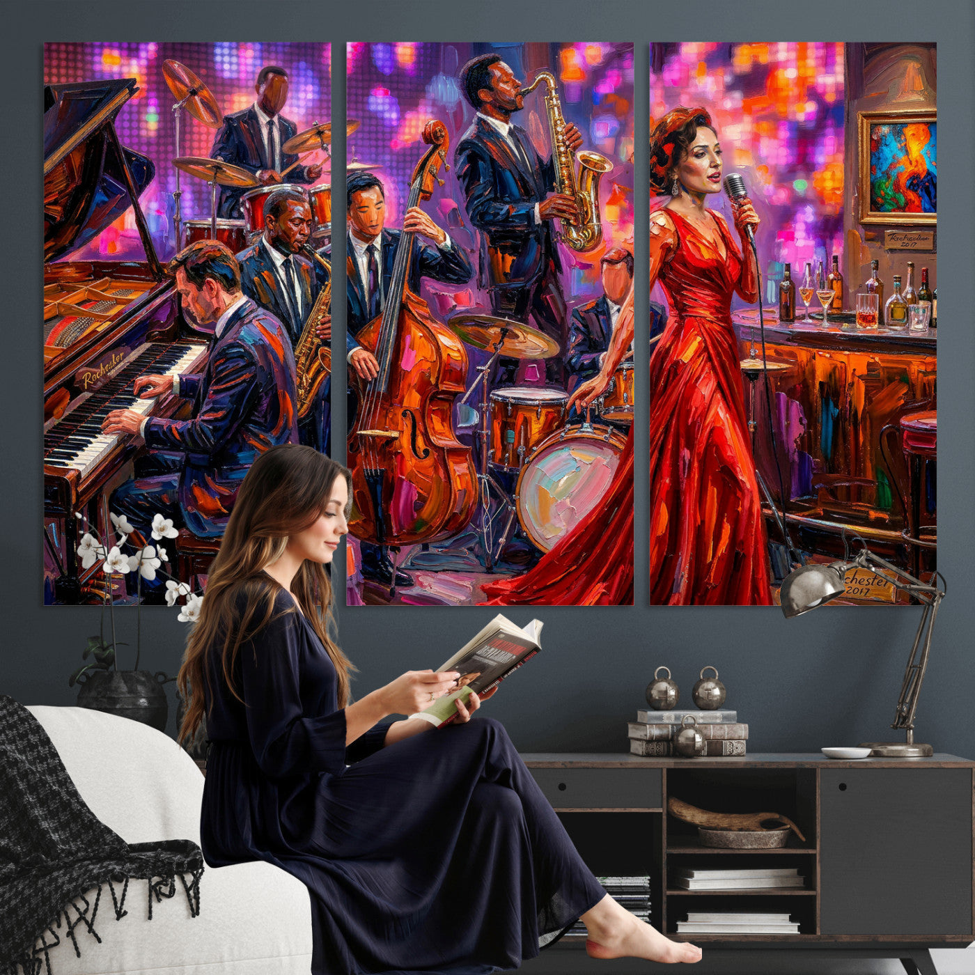 620930J20-MGV-CV-36X24 - Jazz Band Canvas Wall Art — Jazz Club Singer Saxophone Print | Music Wall Decor | Bar Restaurant Art | Music Lover Gift | Jazz Home Decor