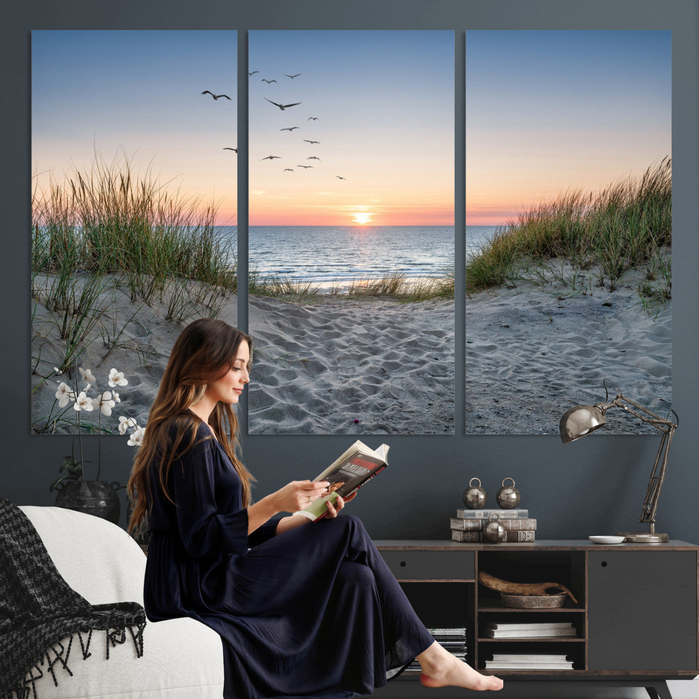 12172032-MGV-CV-36X24 - Sandy Dune Path Sunset Canvas Wall Art — Seagulls Beach Ocean Photography Print | Coastal Home Decor | Nautical Wall Art | Beach House Gift