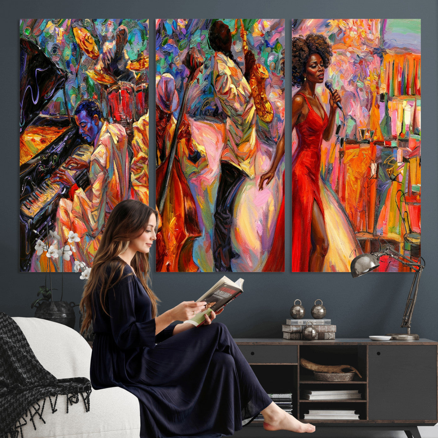 72615137-MGV-CV-36X24 - African American Jazz Singer Canvas Art - Red Dress Black Woman Music Print | Colorful Jazz Band Wall Decor | Living Room Gift for Her