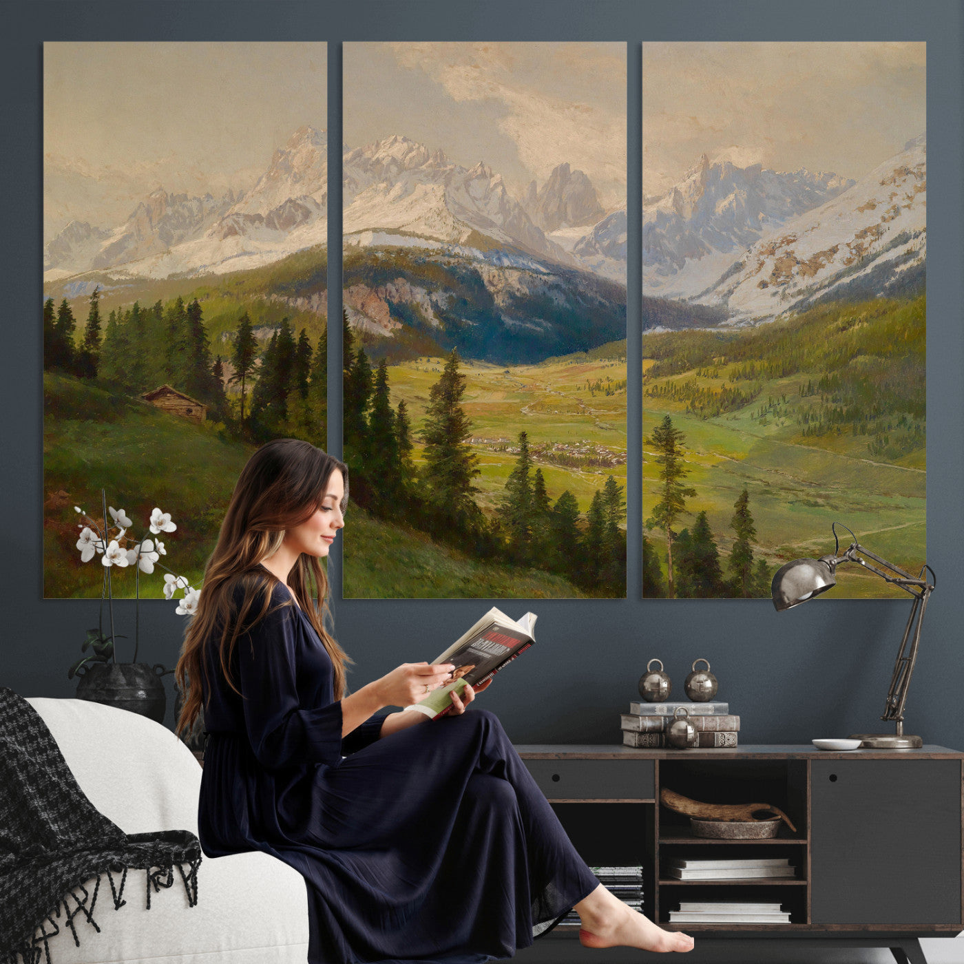 23120262-MGV-CV-36X24 - Konrad Petrides Sexten Village Canvas Print, Alpine Mountain Valley Painting, Dolomites Landscape Art