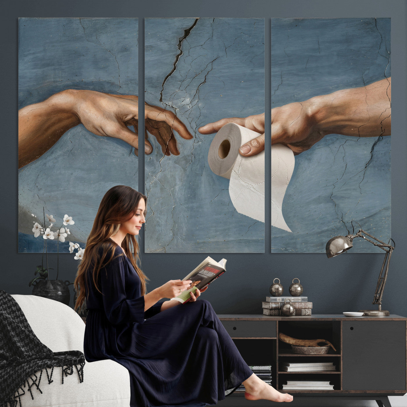 42648143-MGV-CV-36X24 - Funny Bathroom Canvas Wall Art, Michelangelo Creation of Adam Toilet Paper Parody, Renaissance Humor Print, Quirky Housewarming Gift, Toilet Room Decor