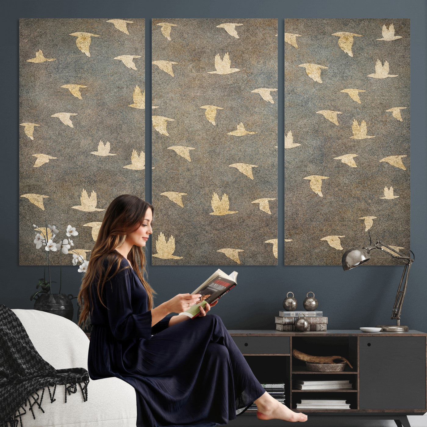 74076164-MGV-CV-36X24 - Flying Birds Canvas Wall Art, Vintage Bird Flock Pattern Print, Grey Gold Abstract Nature Decor, Rustic Bird Silhouette Art, Boho Living Room Decor