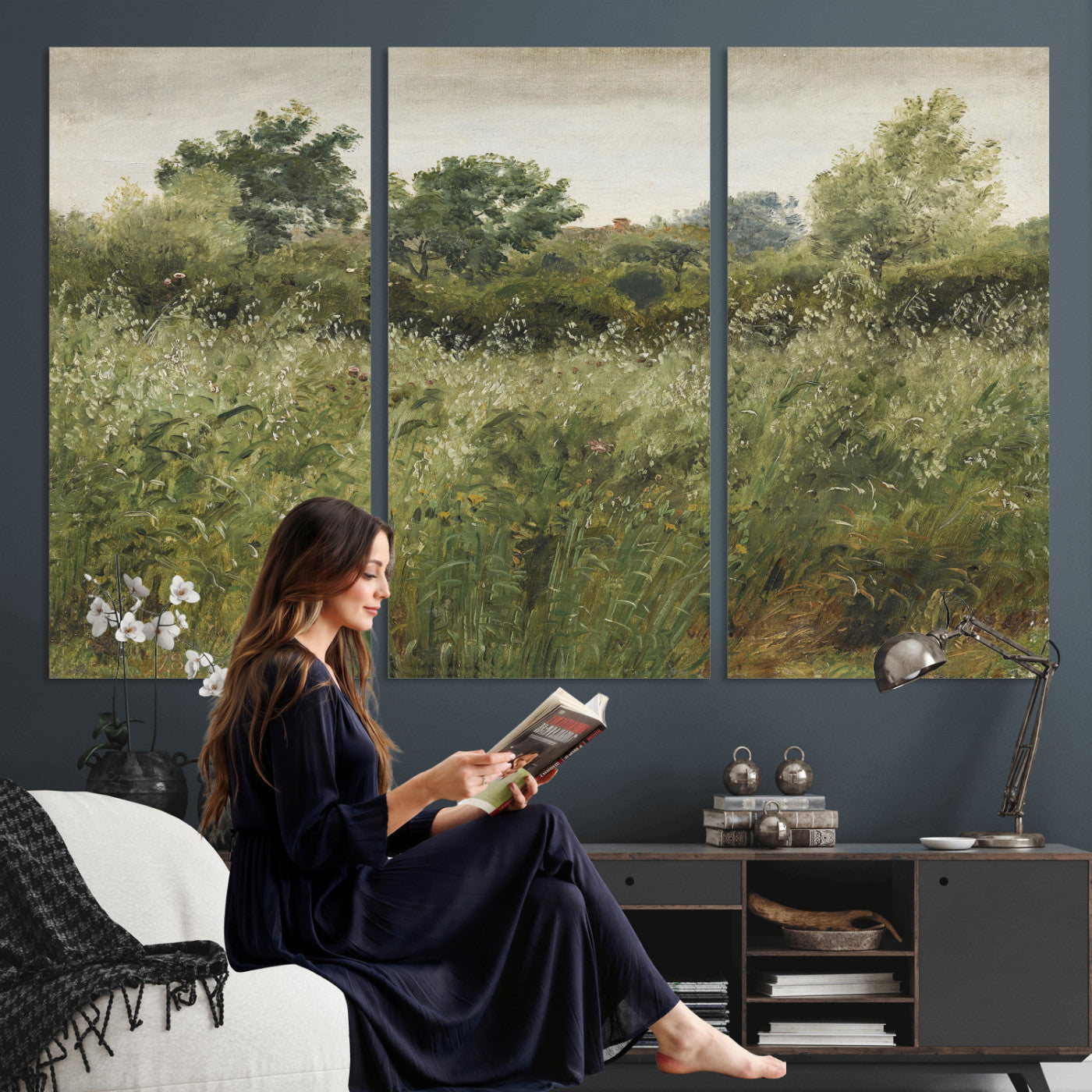 92328261-MGV-CV-36X24 - Wildflower Meadow Canvas Wall Art, Impressionist Overgrown Field Painting Print, Vintage Green Nature Decor, Cottagecore Botanical Art, Living Room Print